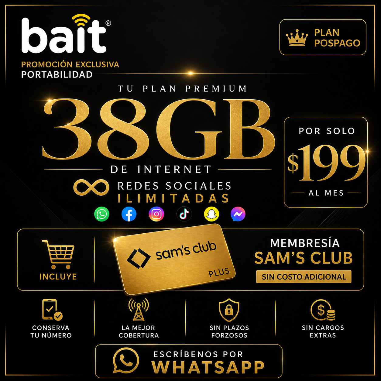 BaitMovil Pospago Facebook ad: 38GB + Sam's Club por $199 al mes