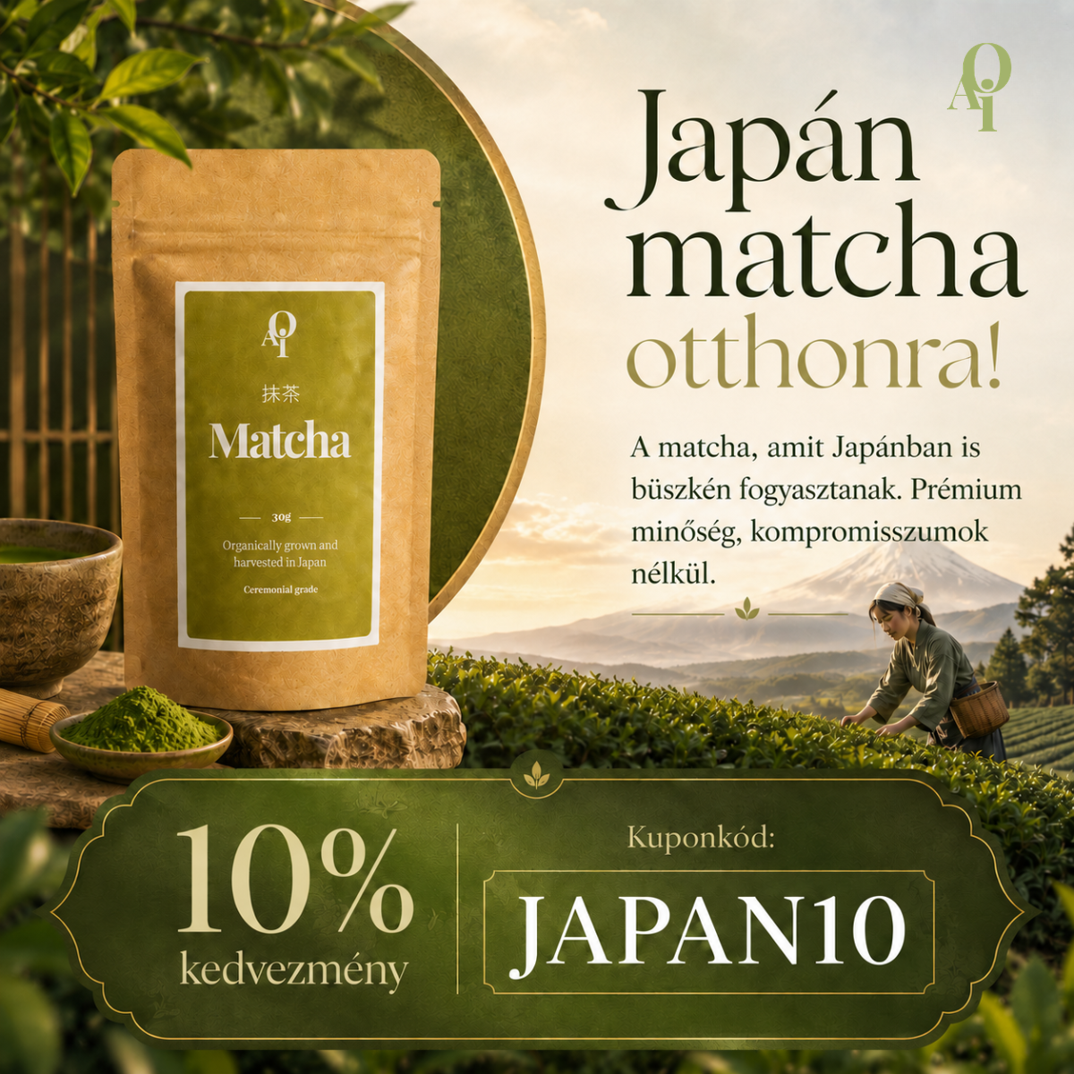 AOI Matcha Facebook ad: 10% kedvezmény JAPAN10 kóddal