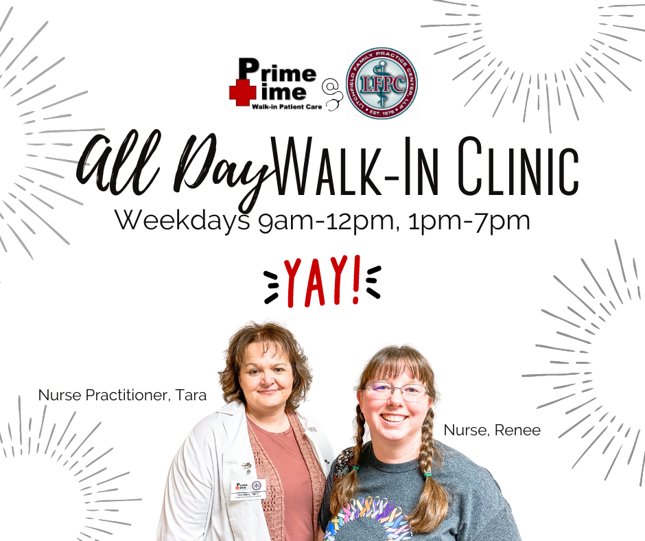 Prime Time at LFPC Facebook ad: Walk-In Clinic staffed by Nurse Practitioners and Physician…
