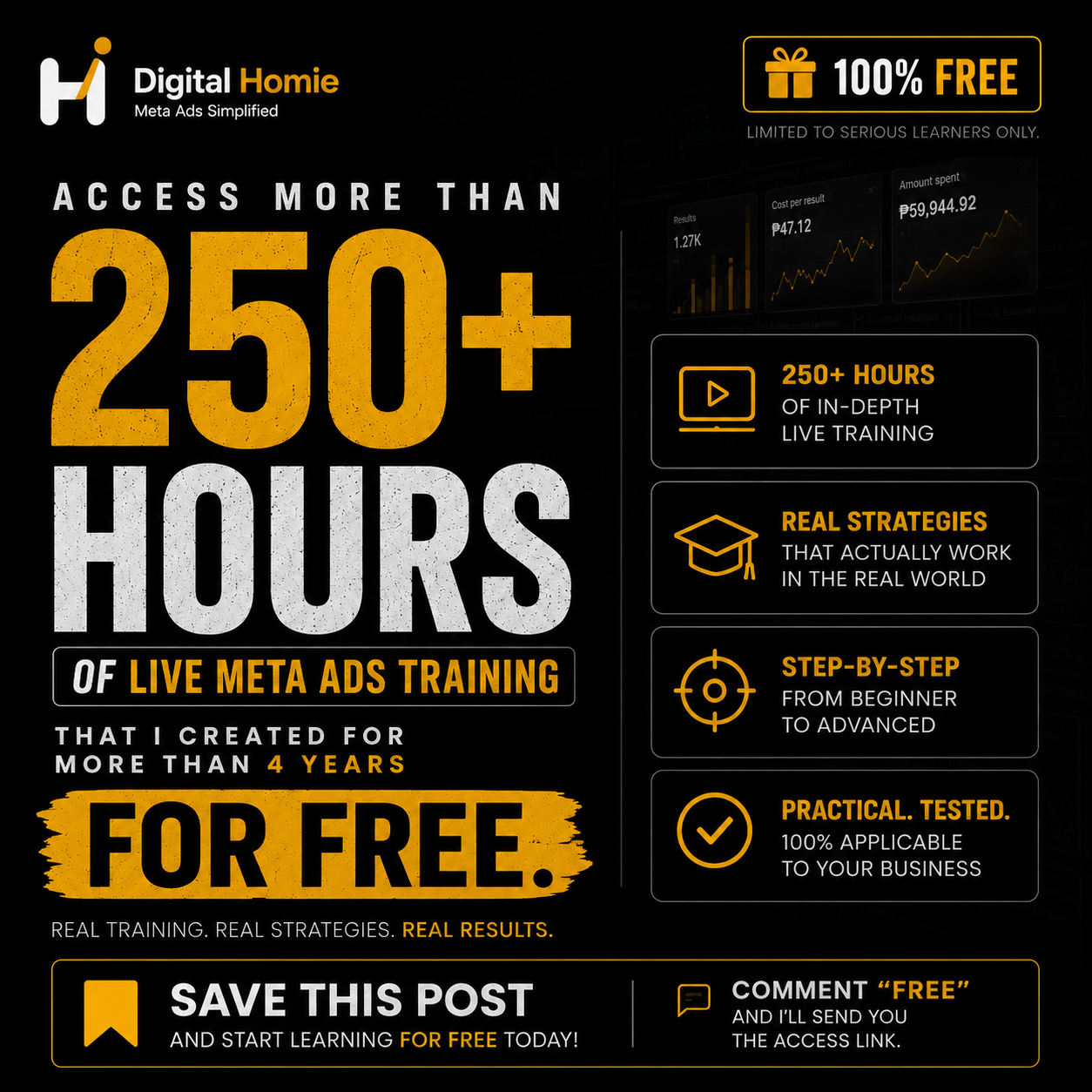 Digital Homie Facebook ad: 250+ Hours of Meta Ads Training - FREE