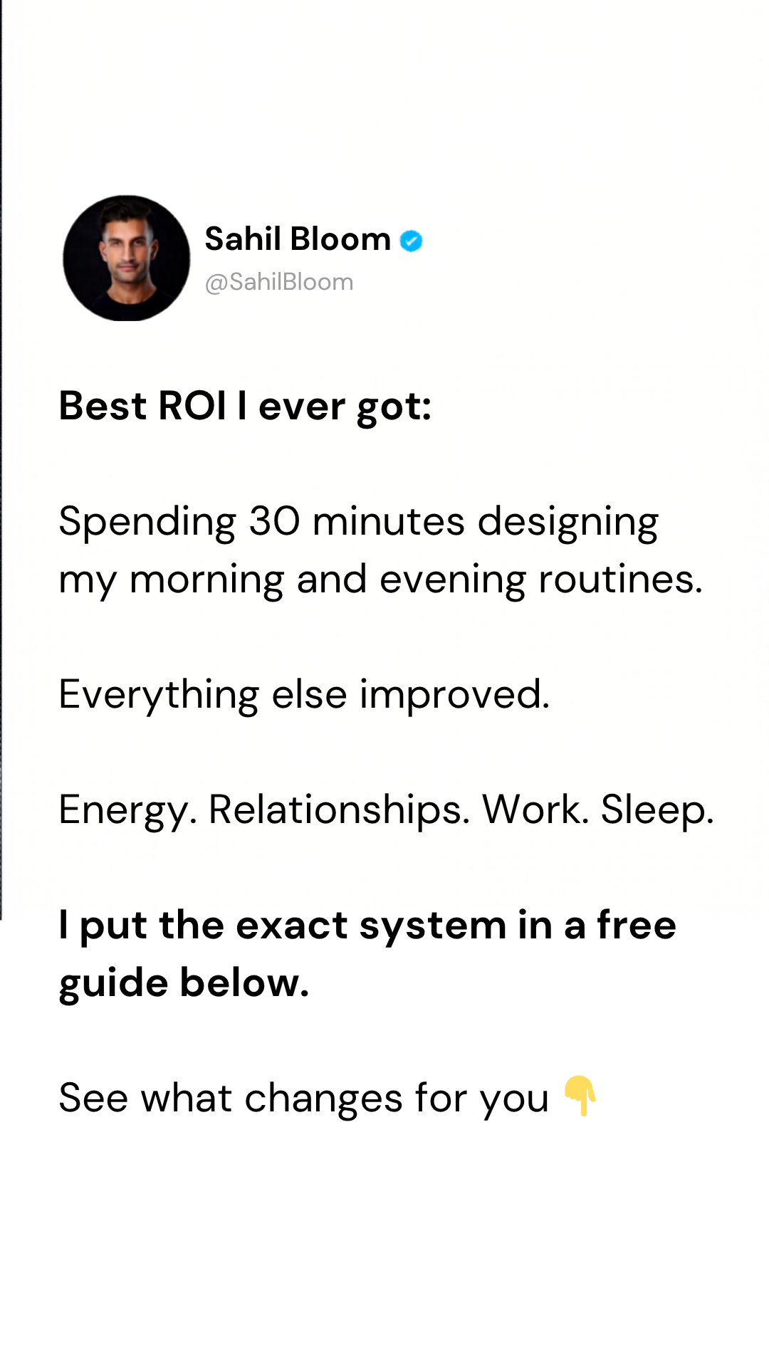 Sahil Bloom Facebook ad: Get My Morning/Evening Routine.