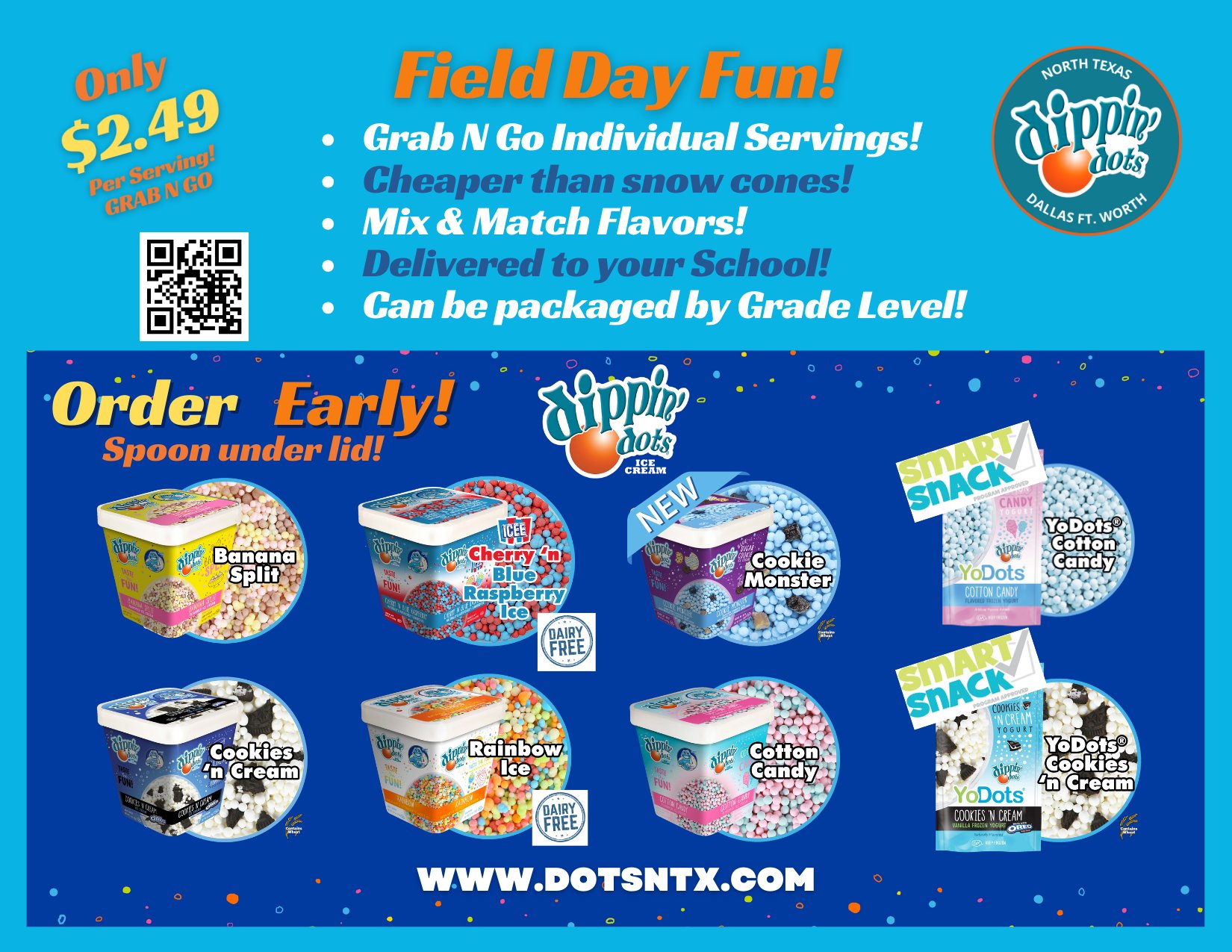 Dippin' Dots North Texas & DFW Facebook ad: Easy Field Day Treat, No Mess, No Stress.