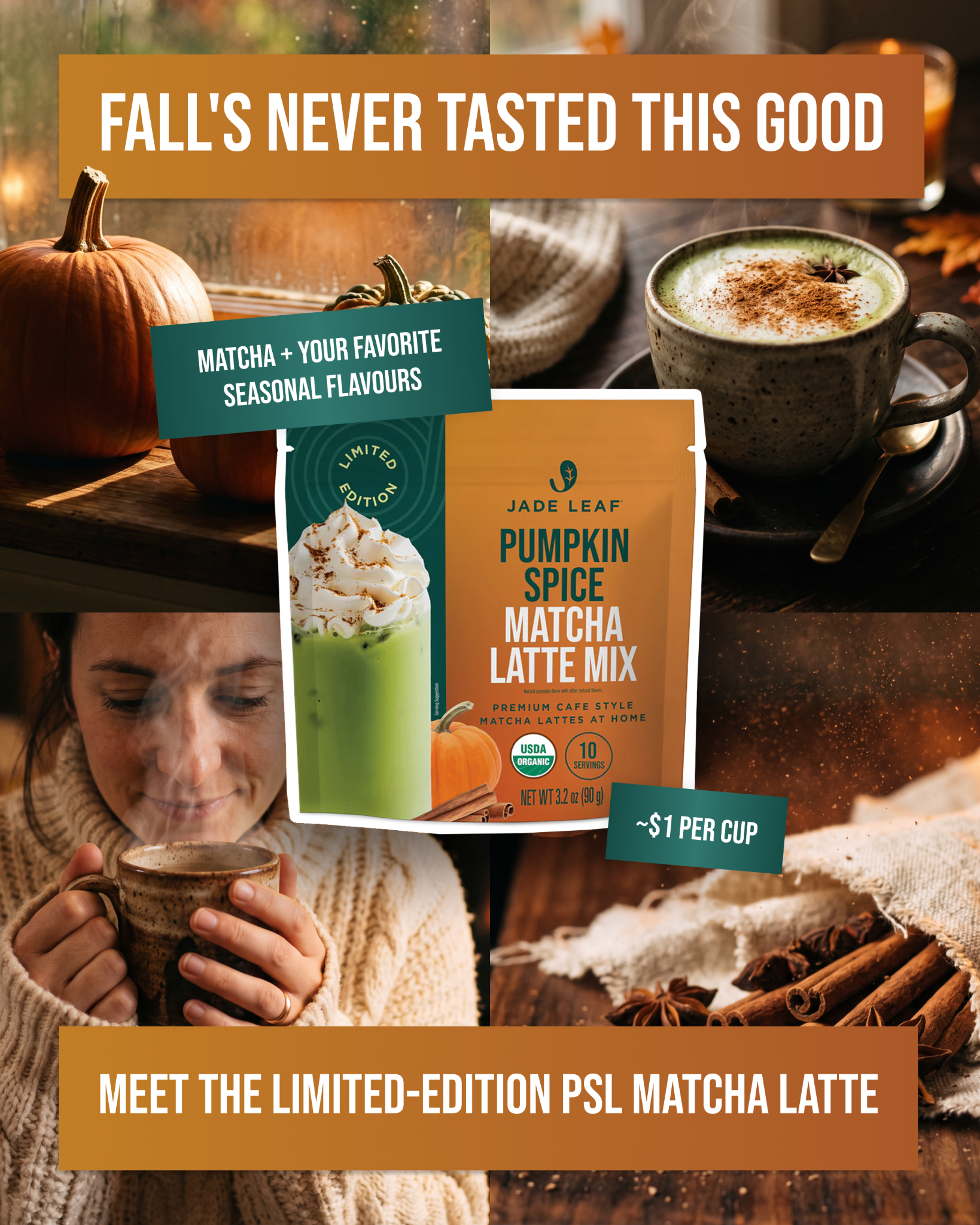 Jade Leaf Matcha Facebook ad: PSL season, but make it matcha.
