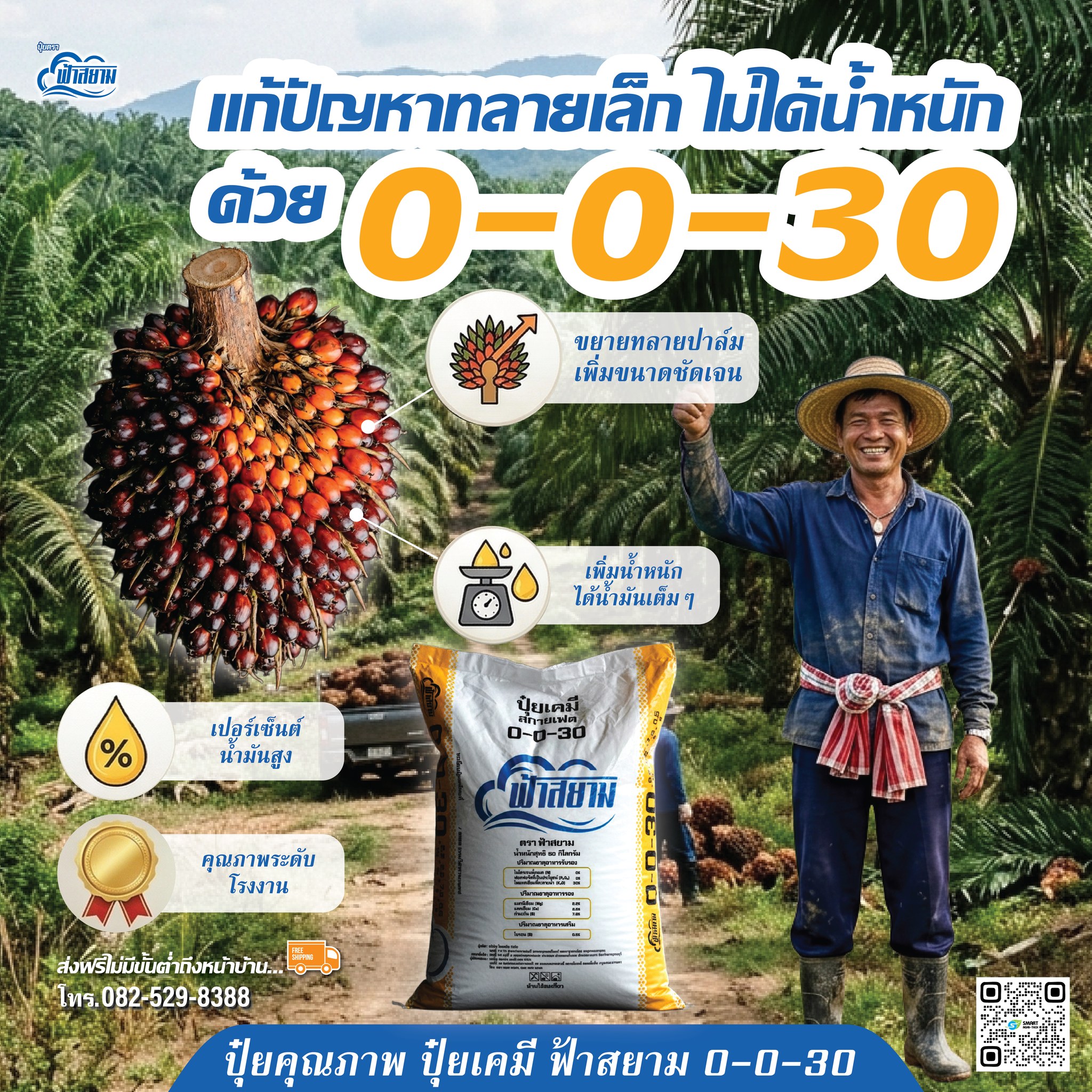 ปุ๋ยตราฟ้าสยาม Facebook ad: ปาล์มทลายเล็ก น้ำหนักเบา ตัดไปขายก็ไม่ได้ราคา