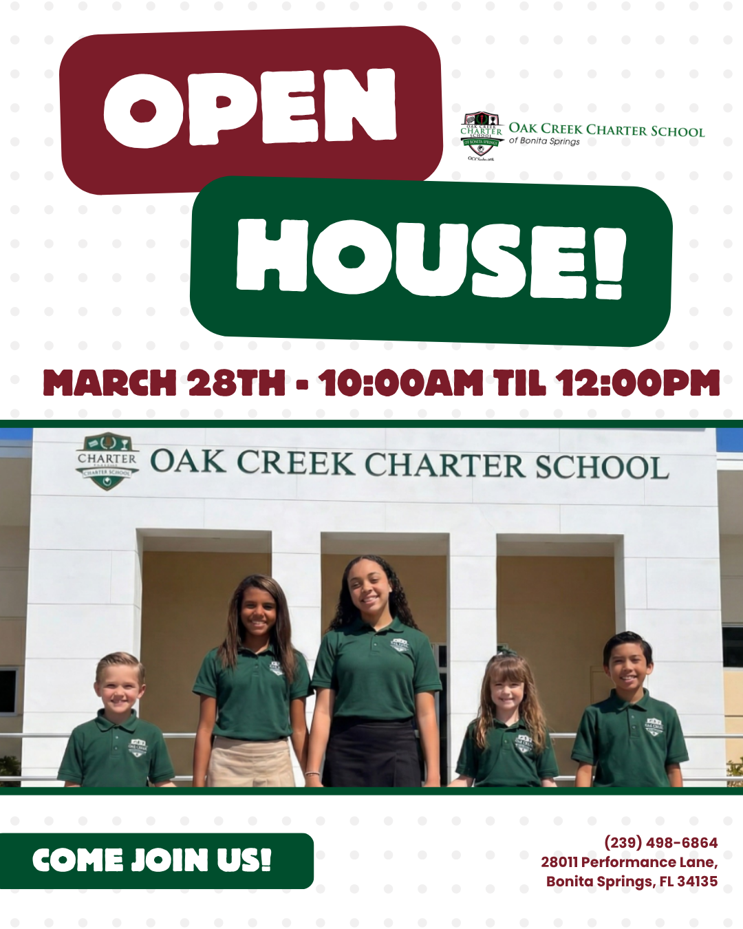 Oak Creek Charter School of Bonita Springs Facebook ad: Join Our Open House at Oak Creek!