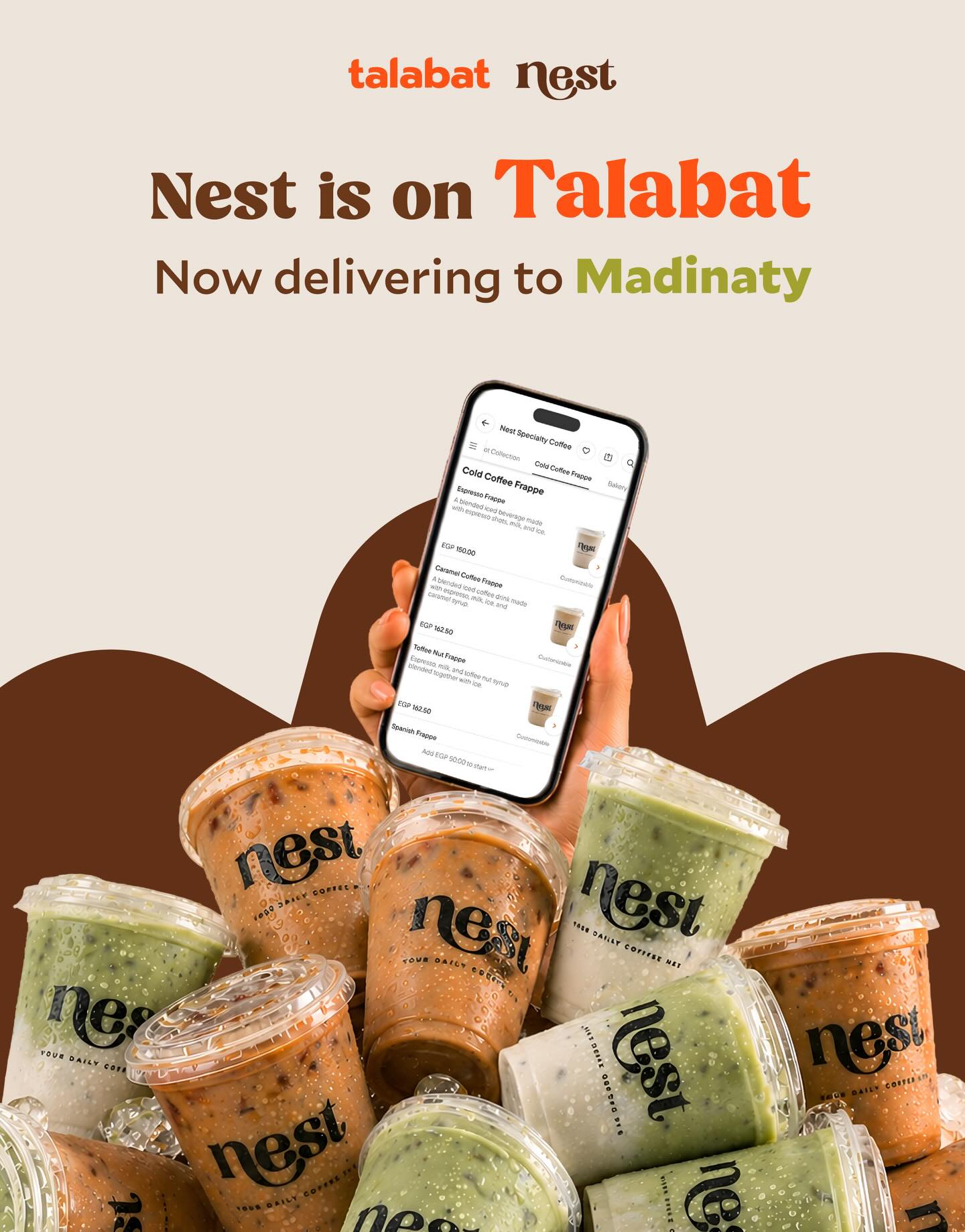 Nest Specialty Coffee Facebook ad: Now on Talabat… Madinaty just got closer
