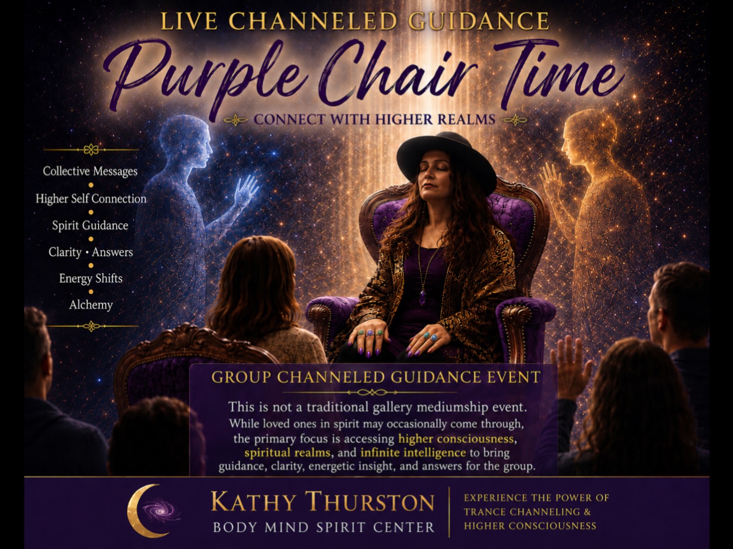 Kathy Thurston Body Mind Spirit Center Facebook ad: Purple Chair Time: Live Channeled Guidance