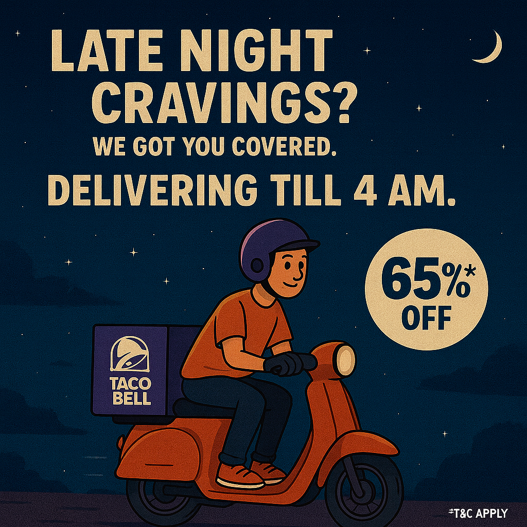 Taco Bell India Facebook ad: Late-night vibes hit diff with 65% OFF* Save…