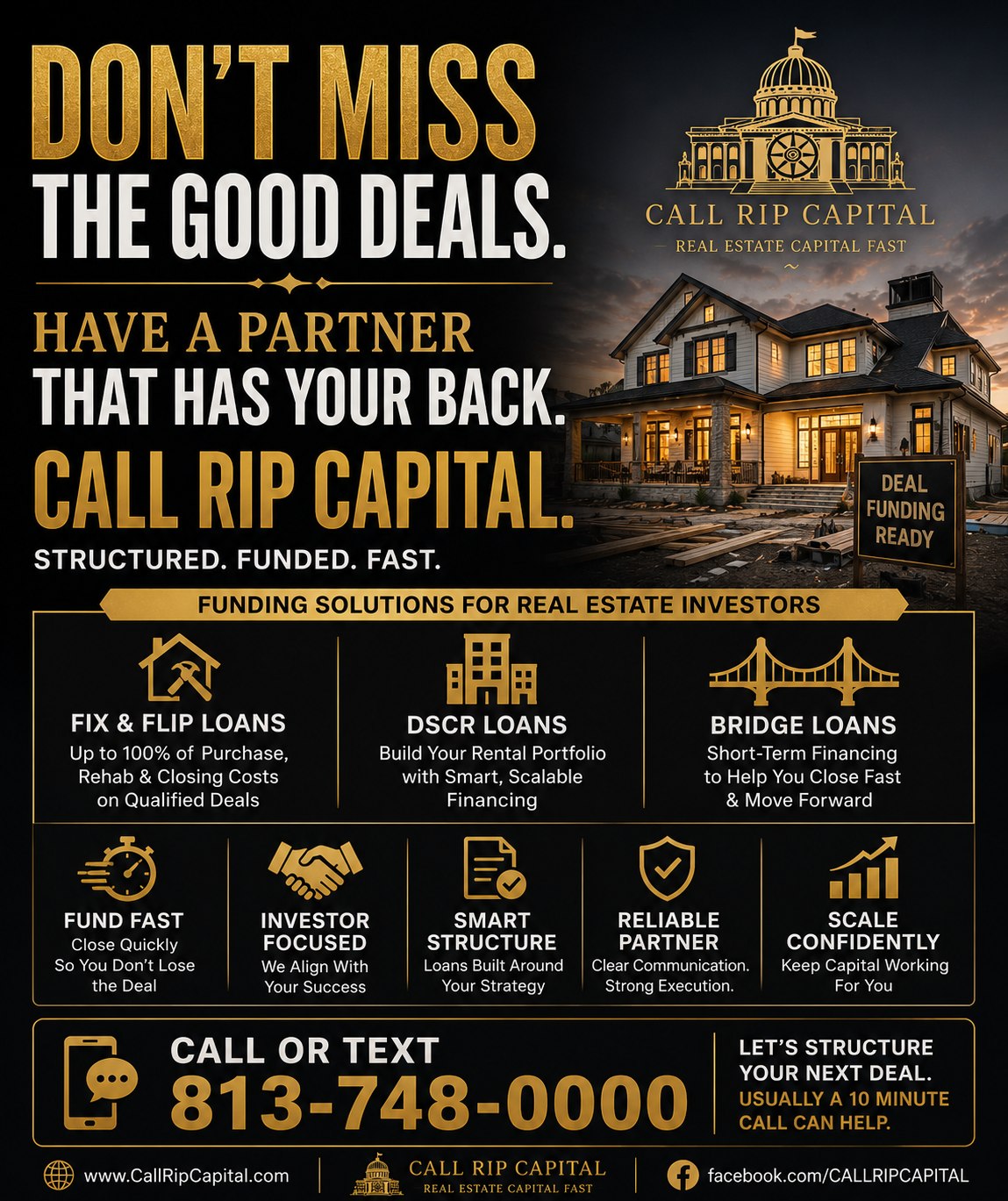 Call Rip Capital Facebook ad: ARE YOU LOSING DEALS WAITING ON SLOW LENDERS?