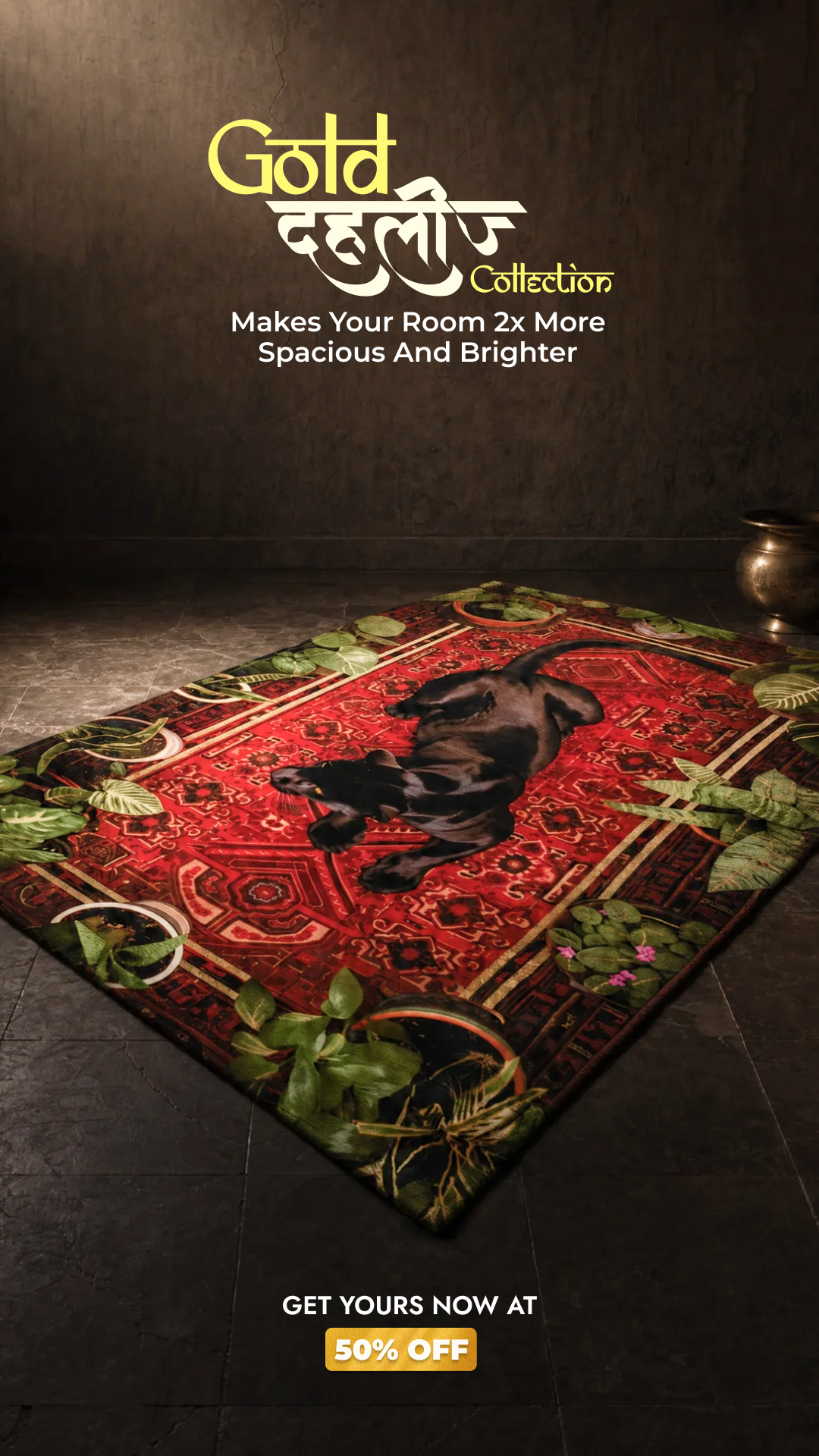 PittariSpaces Facebook ad: Flat 50% Off on Gold-Pressed Luxury Rugs