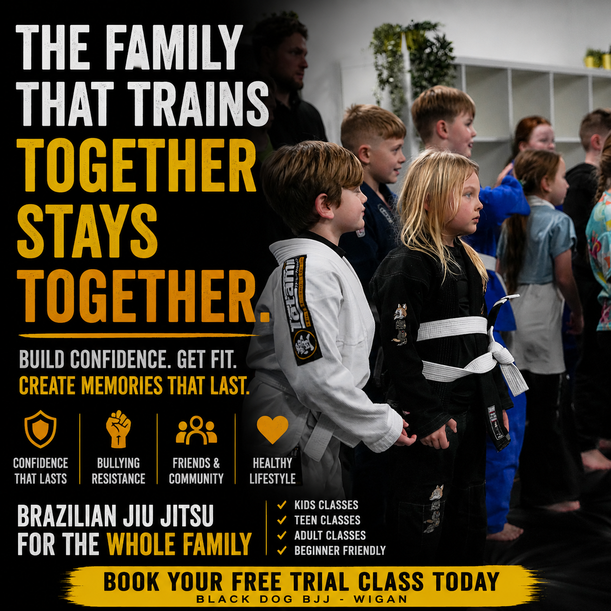 Black Dog Brazilian Jiu Jitsu Facebook ad: Martial Arts For The Whole Family
