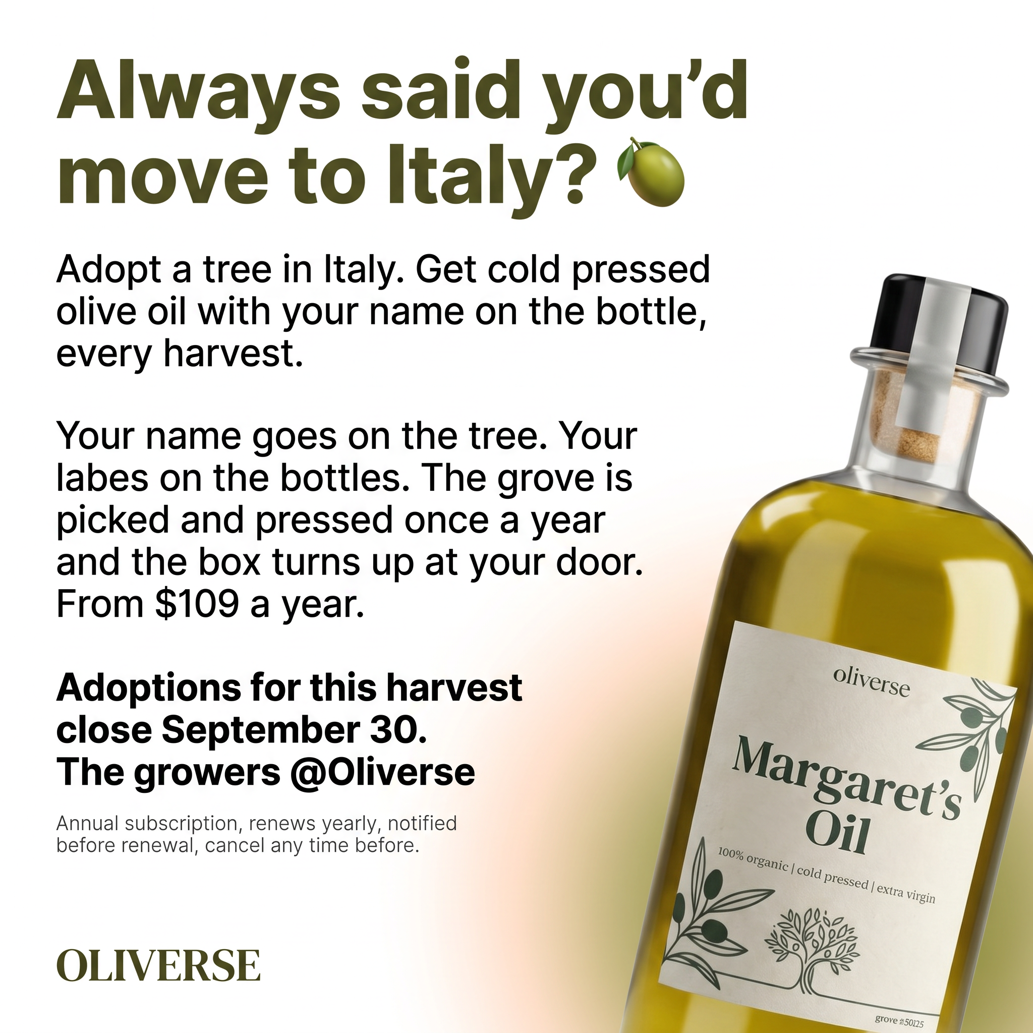 La Dolce Post Facebook ad: Adopt a Tree. Taste La Dolce Vita.