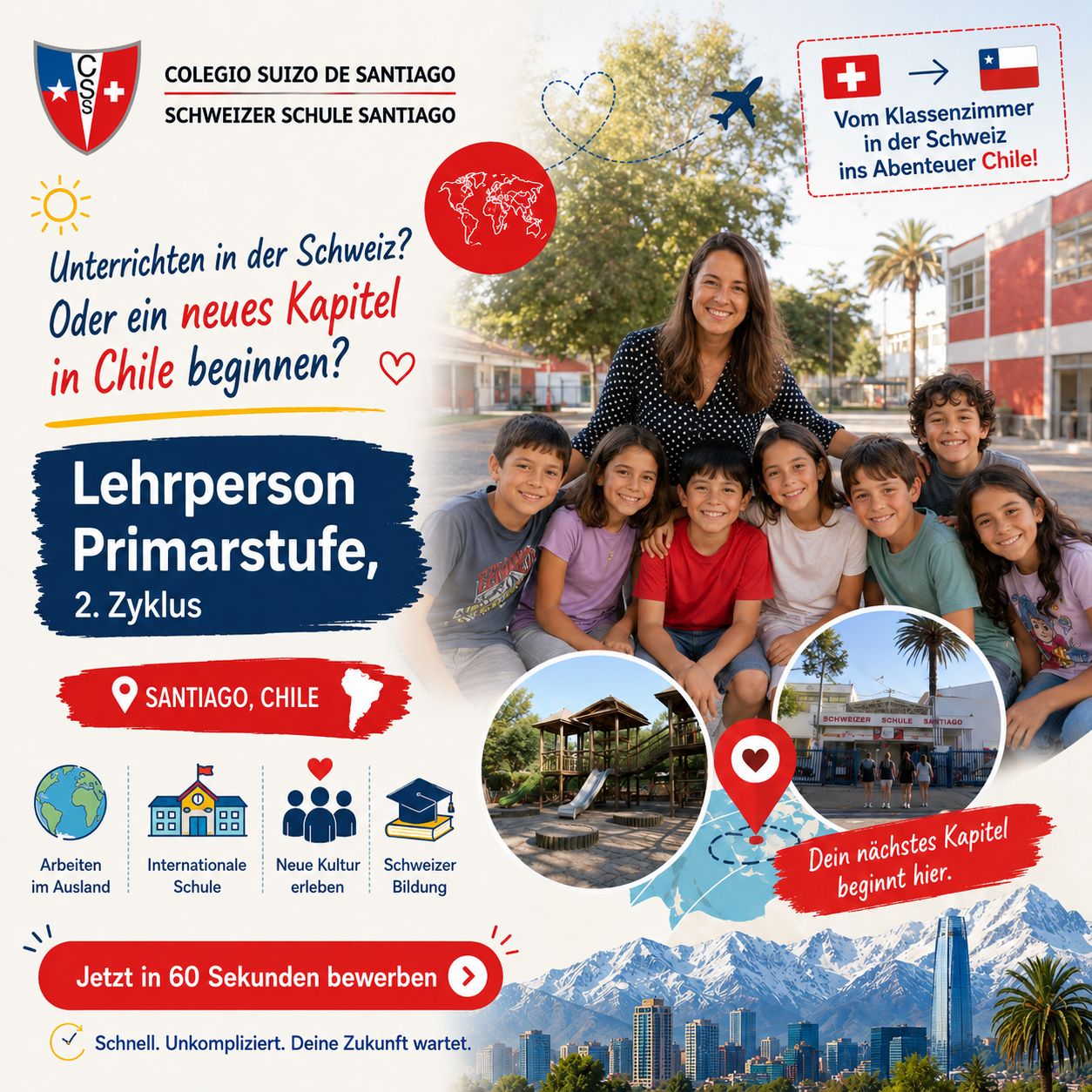 Karriere bei Colegio Suizo de Santiago / Schweizer Schule Santiago Facebook ad: Auswandern, ohne auf Schweizer Sicherheit zu verzichten