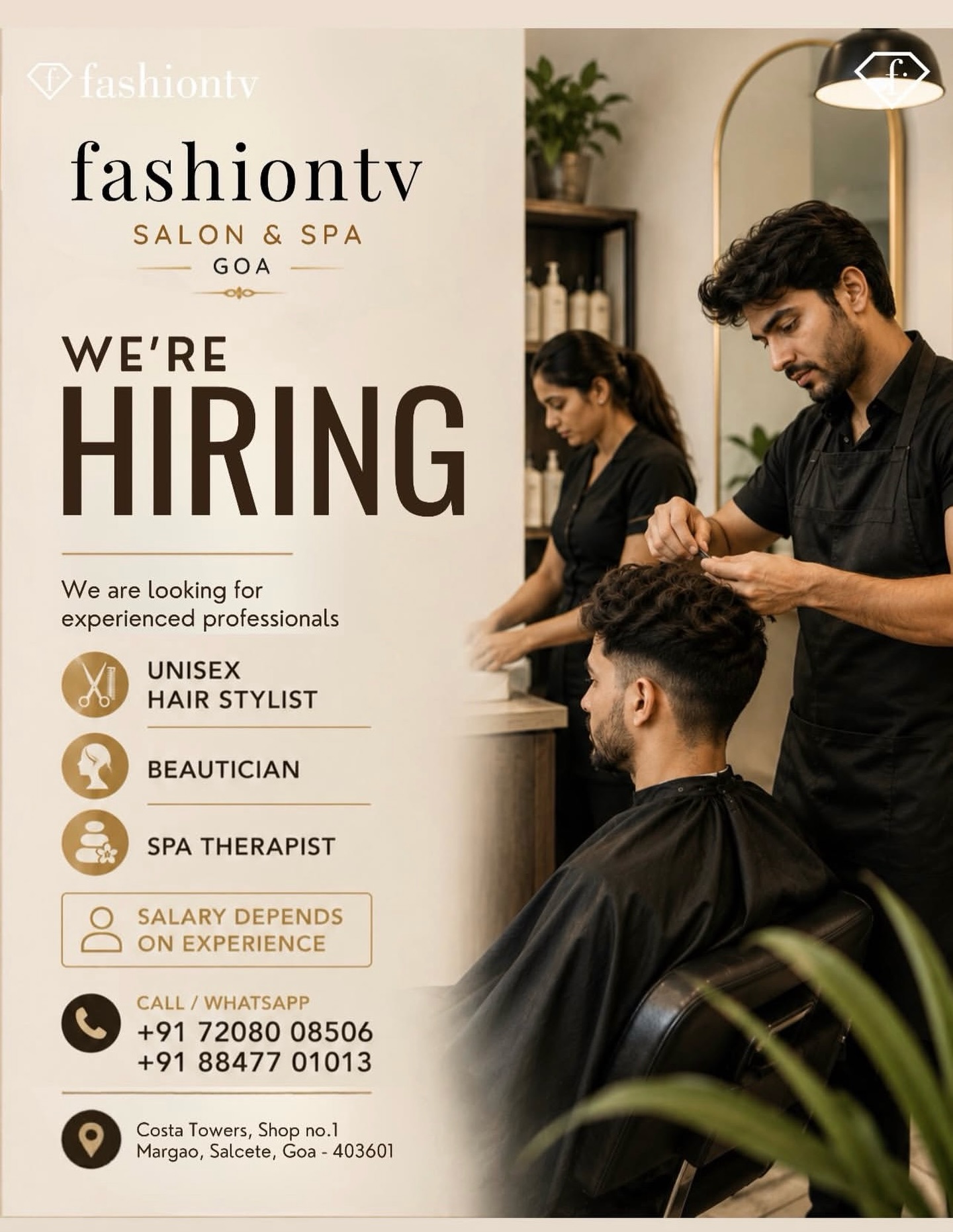 F Salon By FTV Goa Facebook ad: We are hiring Unisex Hair stylist and beautician…
