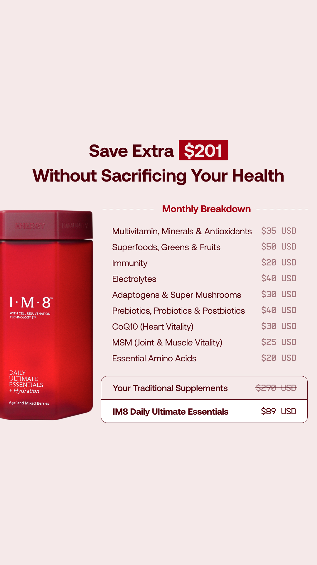 IM8 Global Facebook ad: 16 Supplements Replaced. Hundreds Saved.