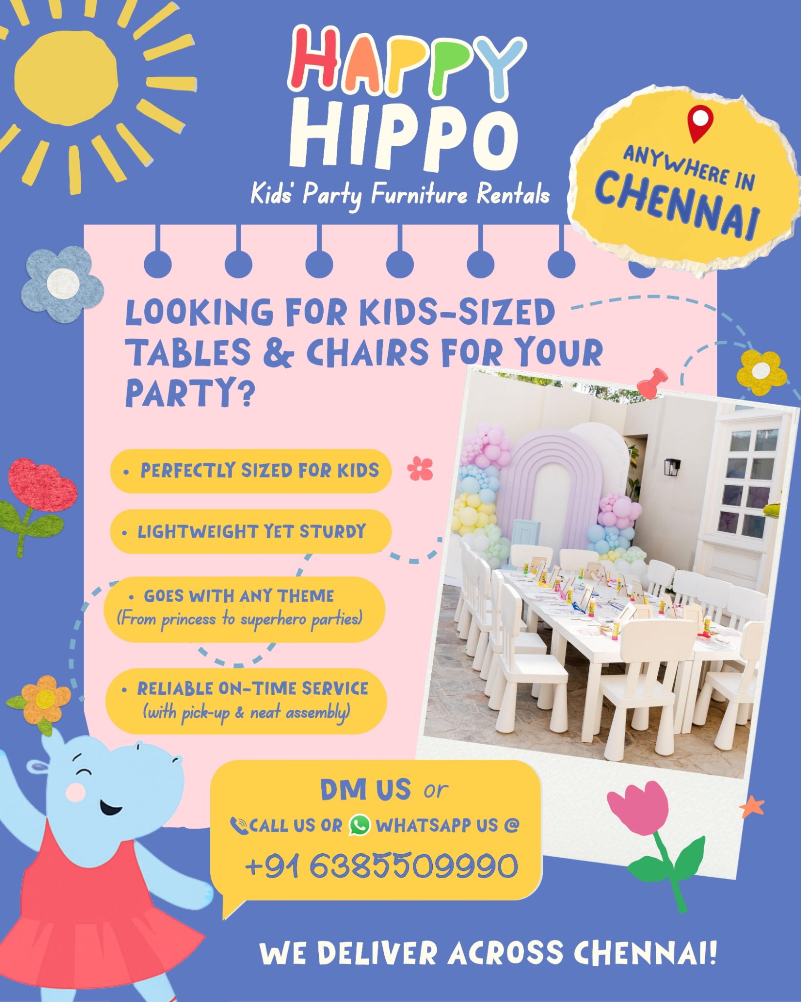 Happy Hippo Party Rentals Facebook ad: Kids’ Party Furniture Made Easy