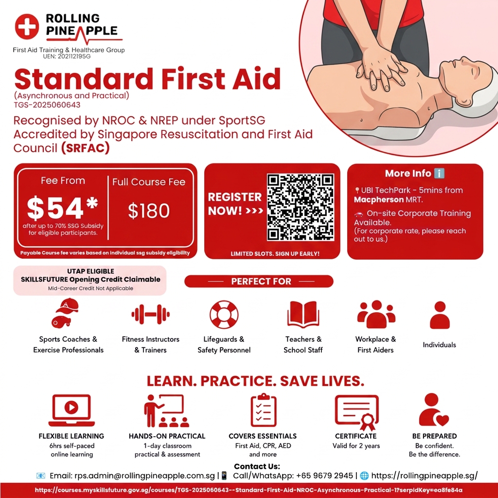 Rolling Pineapple - First Aid Training and Ambulance Services Facebook ad: SRFAC Accredited First Aid Course, NROC & NREP Recognised