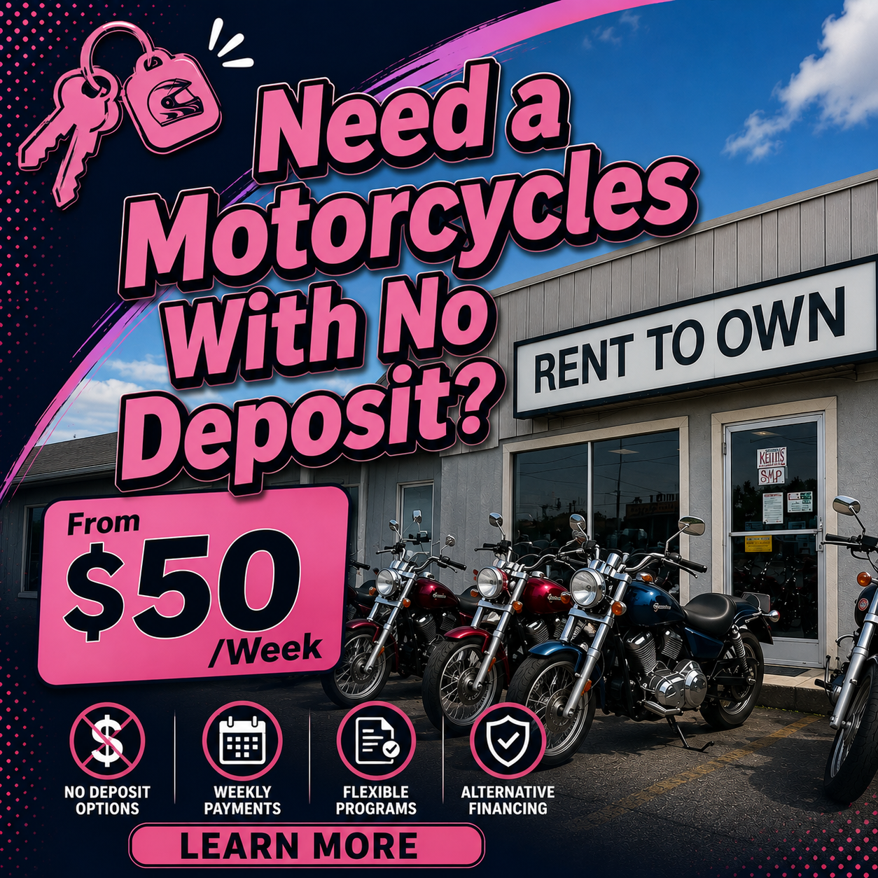 Everyday Guide Facebook ad: Rent-to-Own Motorcycles From $50/Week