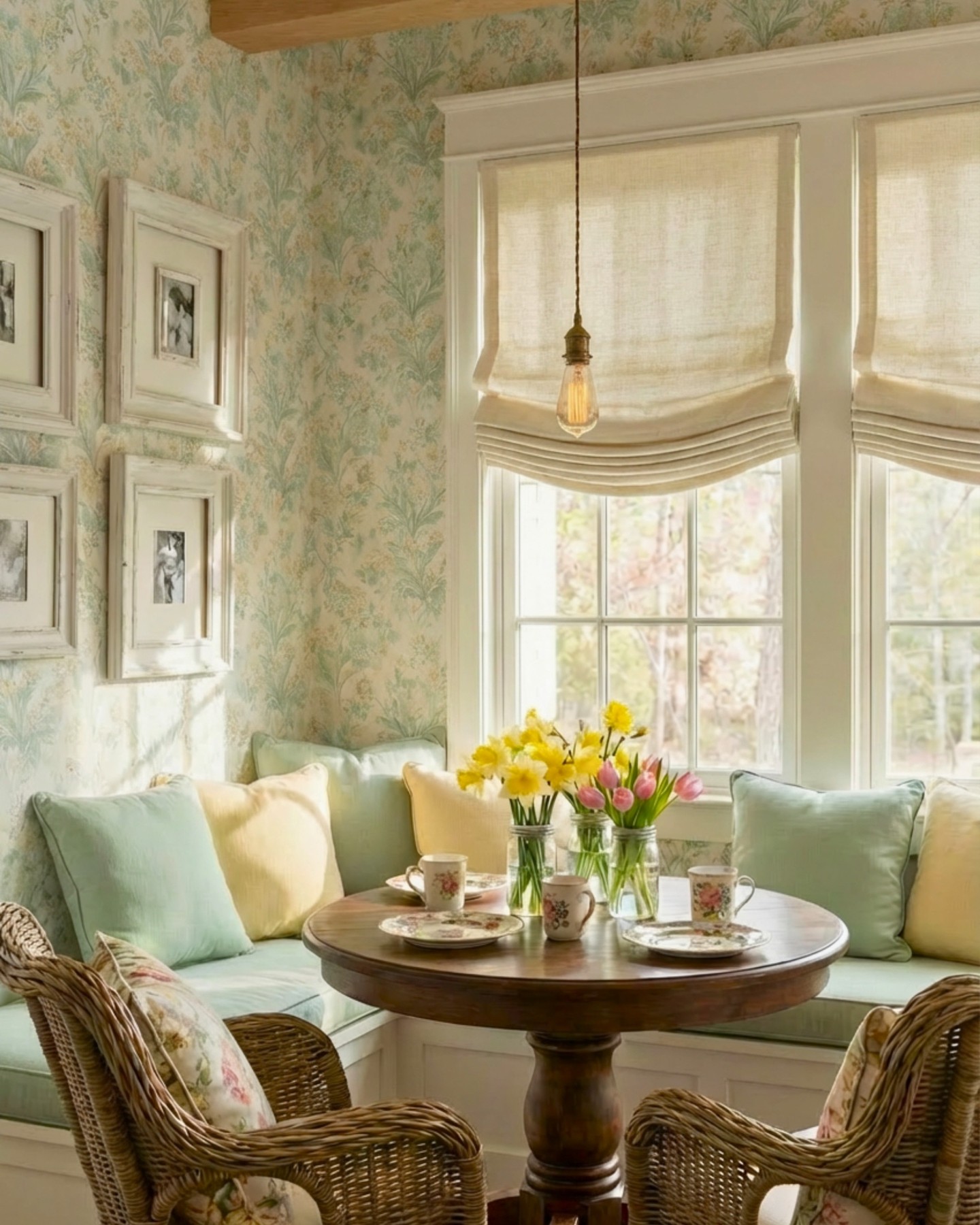 Twopagescurtains Facebook ad: French vintage spring breakfast nook.