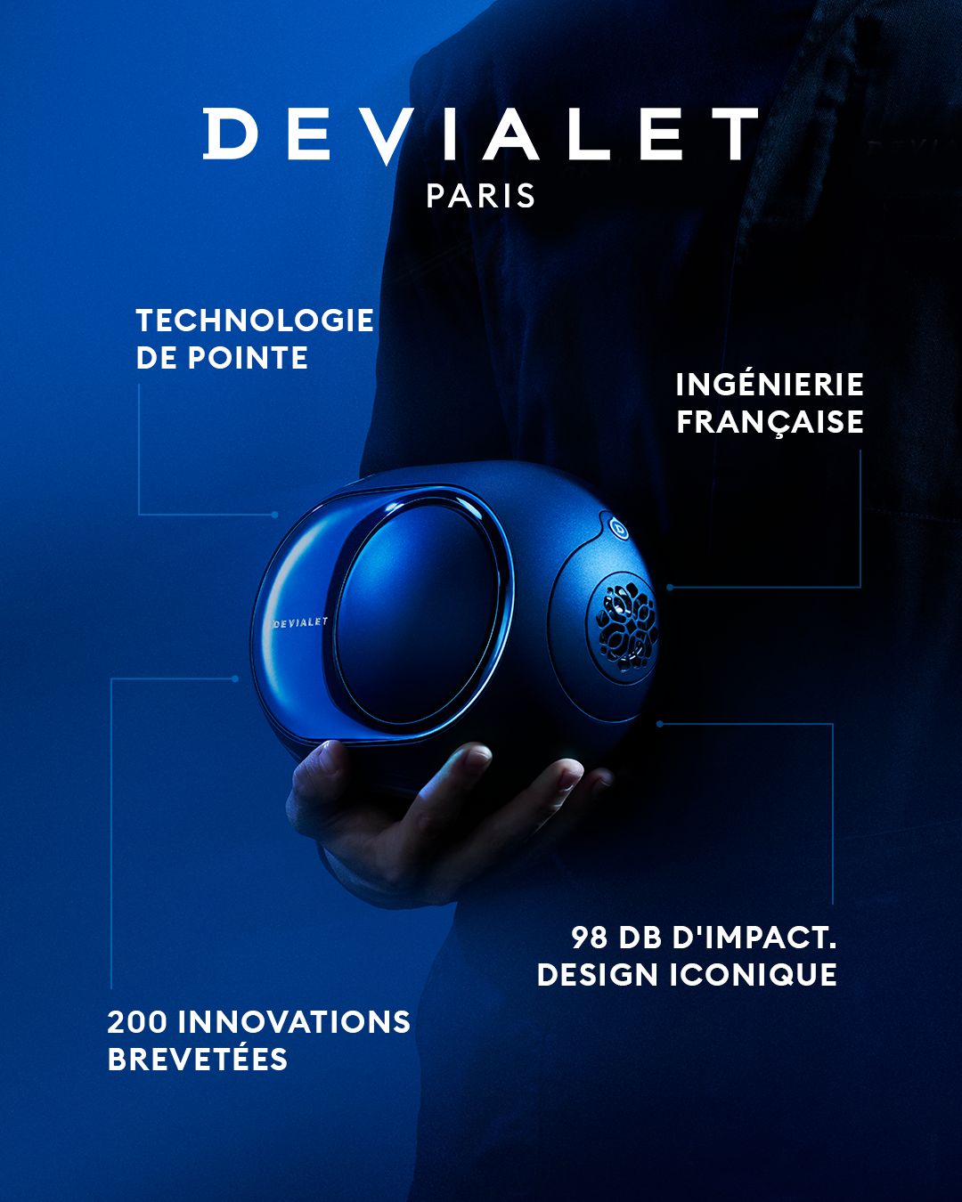 Devialet Facebook ad: Excellence audio. Ingénierie française.