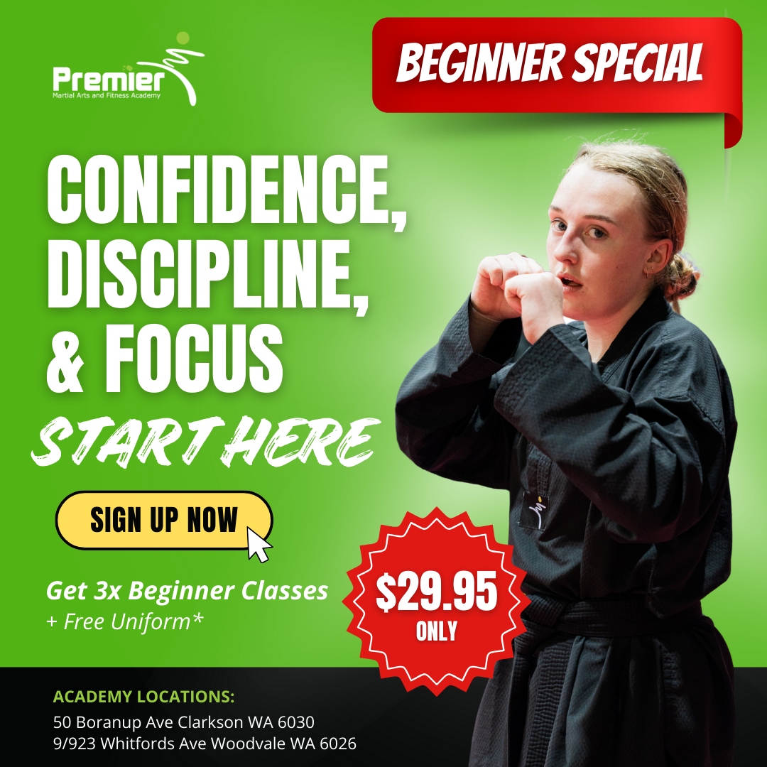 Premier Martial Arts Academy Facebook ad: 3 Classes + FREE Uniform for $29.95
