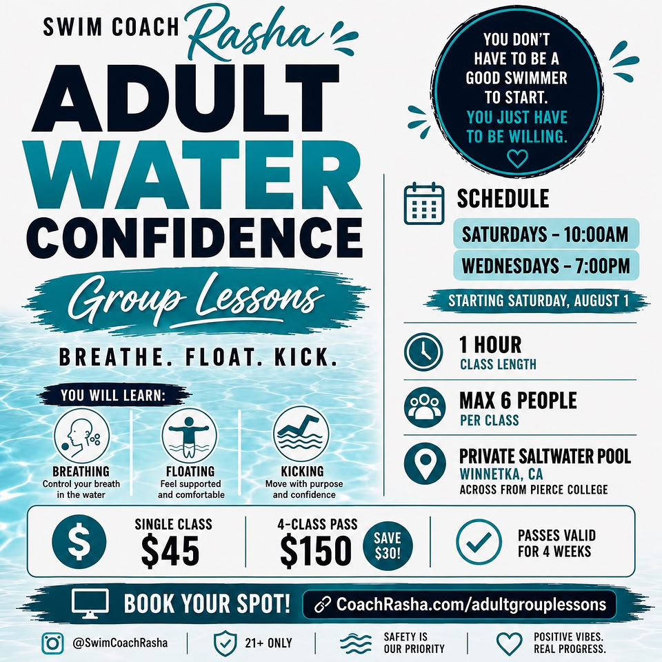 Swim Coach Rasha Facebook ad: Learn to Swim, No Experience Needed