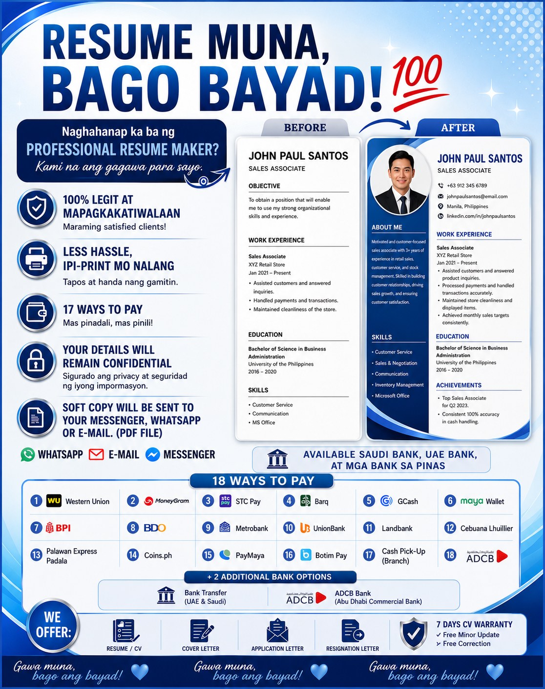 Resumé & CV Pinoy Experts Facebook ad: RESUME MUNA, BAGO ANG BAYAD!