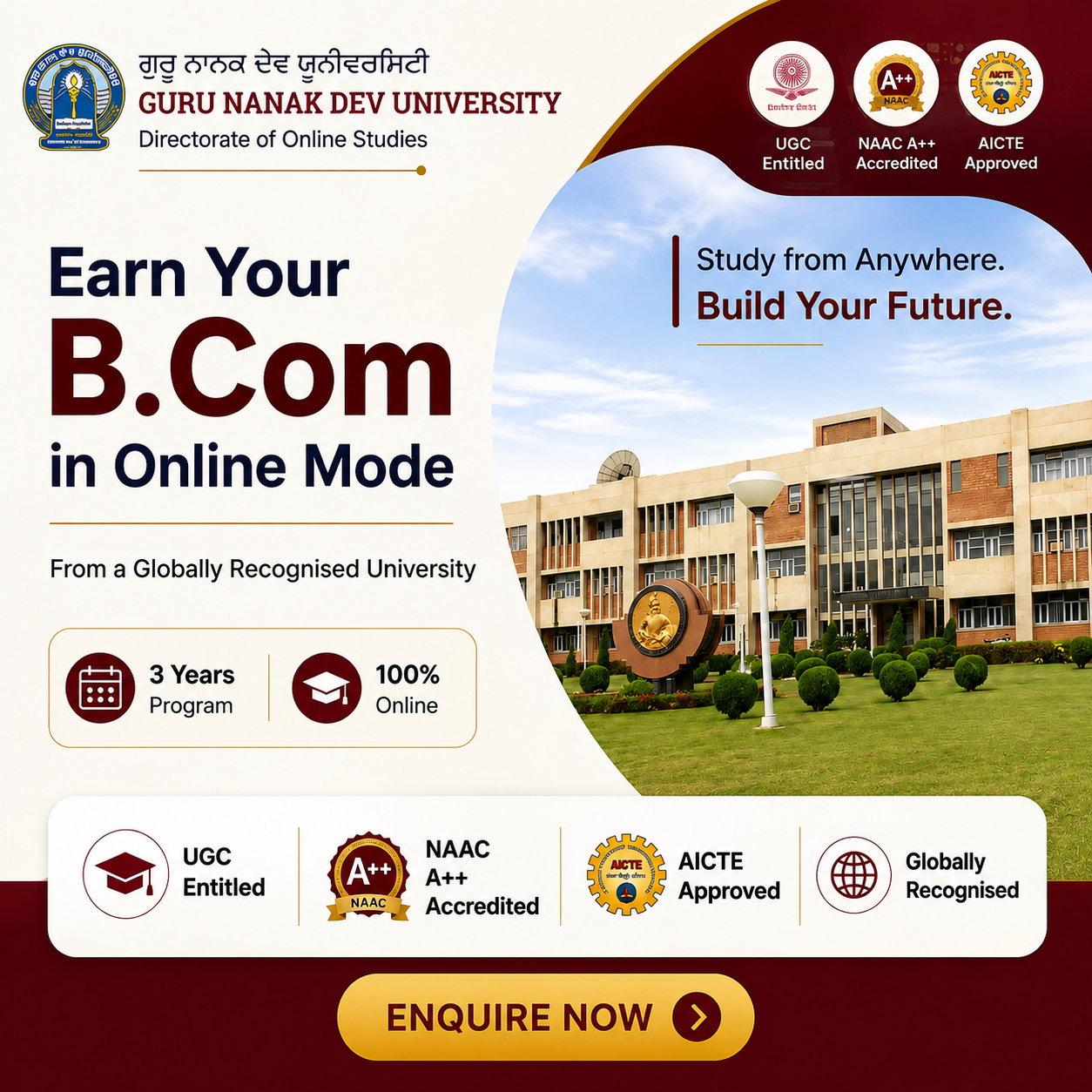 Guru Nanak Dev University - Online Degree Facebook ad: Admissions Open for B.Com Program