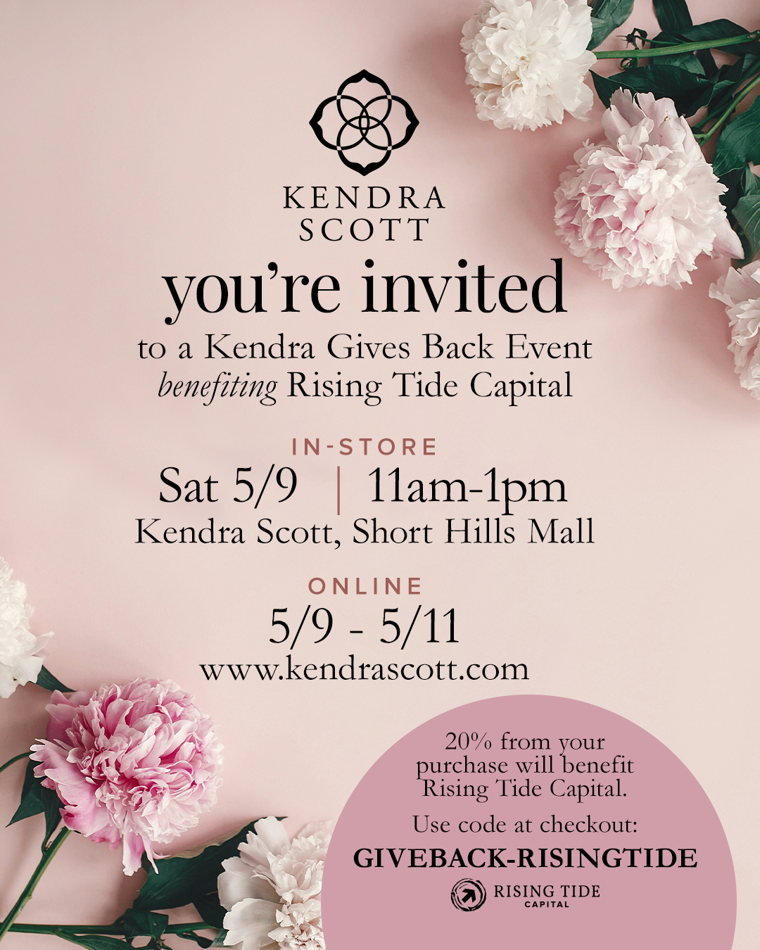 Rising Tide Capital Facebook ad: Venta de joyeria de Kendra Scott GiveBack apoya…
