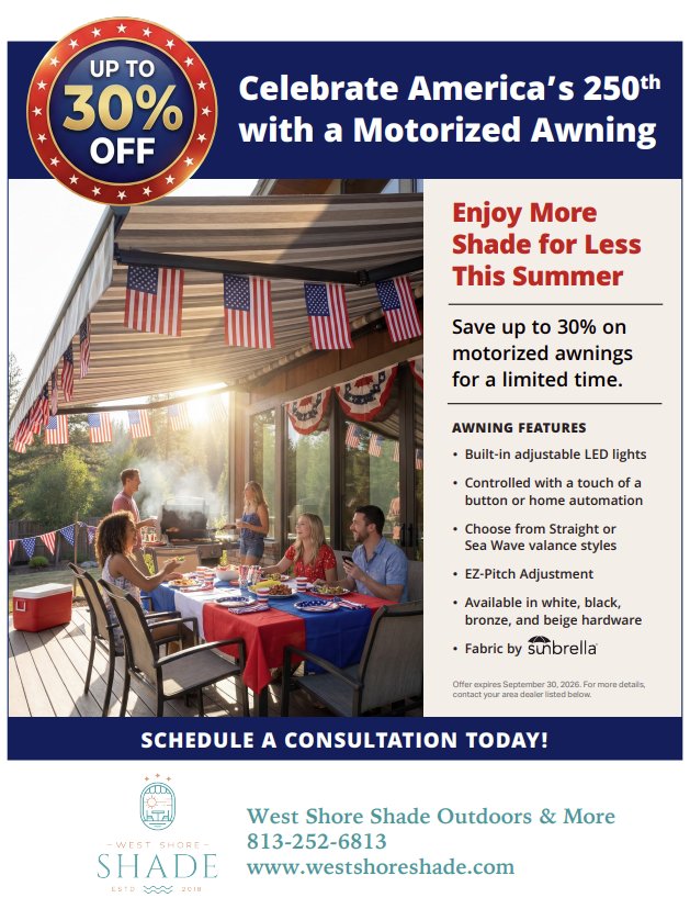 West Shore Shade Facebook ad: CELEBRATE AMERICA’S 250TH BIRTHDAY IN STYLE WITH WEST…