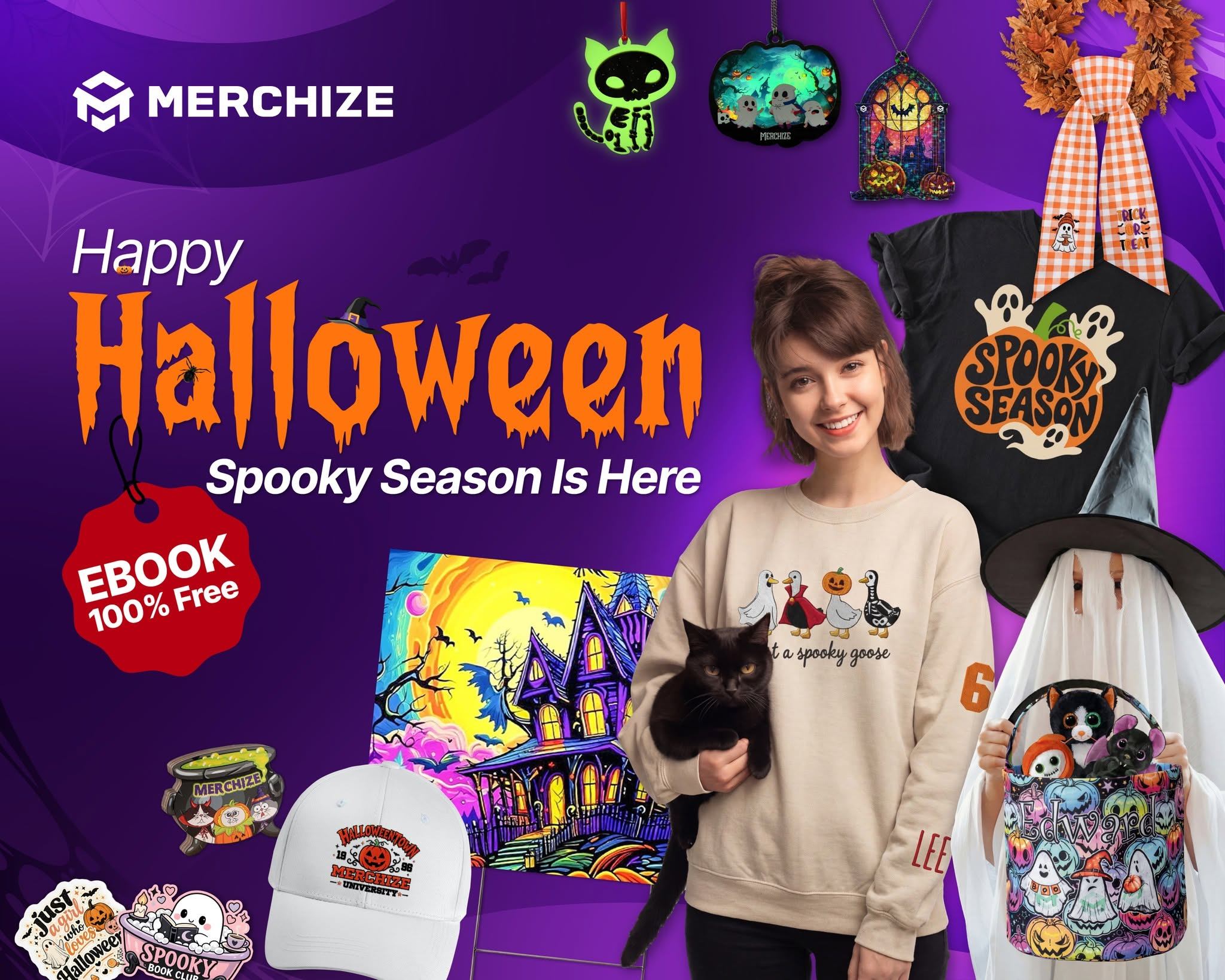 Fulfillment by Merchize Facebook ad: [FREE EBOOK] The Complete Halloween POD Ebook 2026…