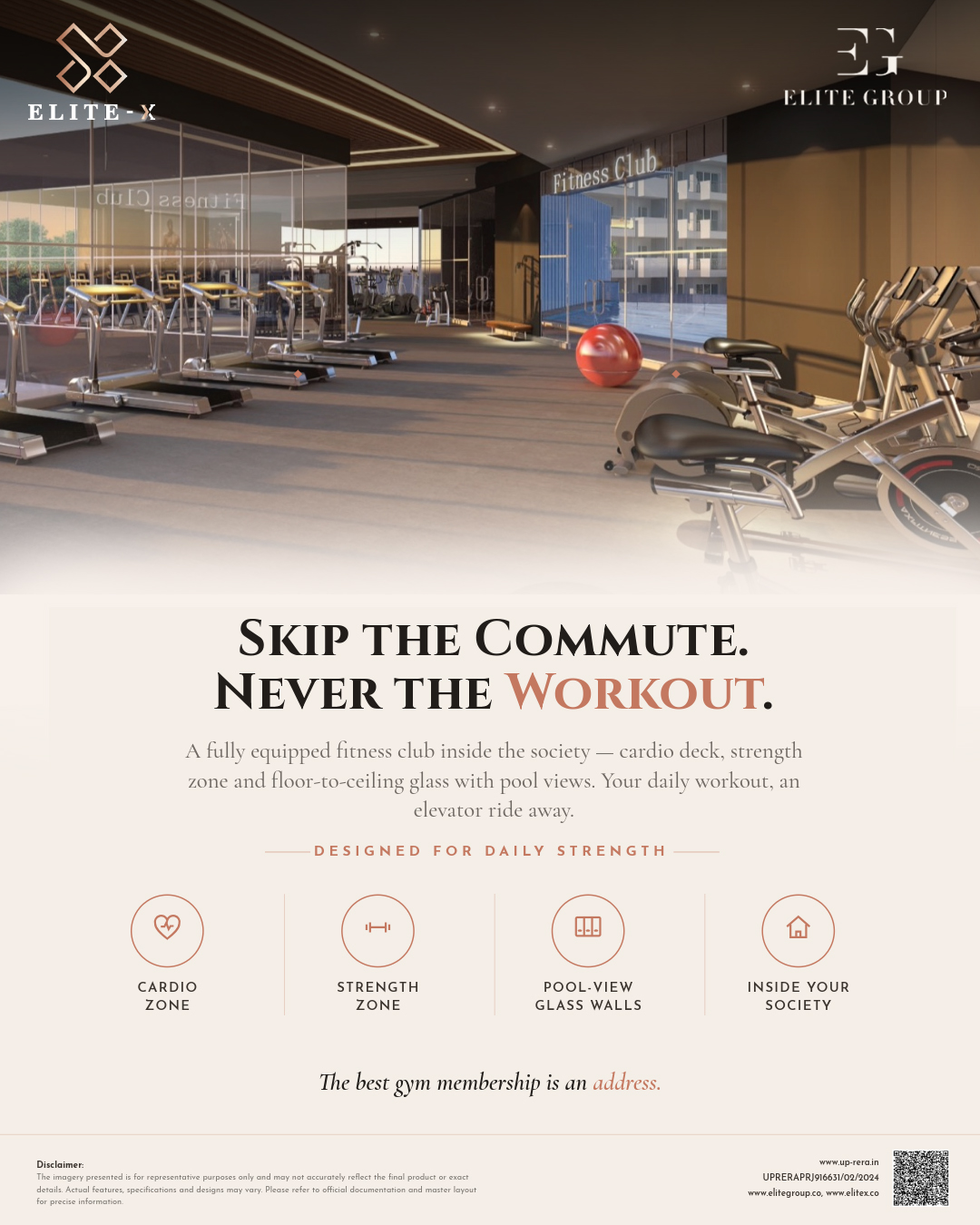 Elite Group Facebook ad: The gym is downstairs. Forever.