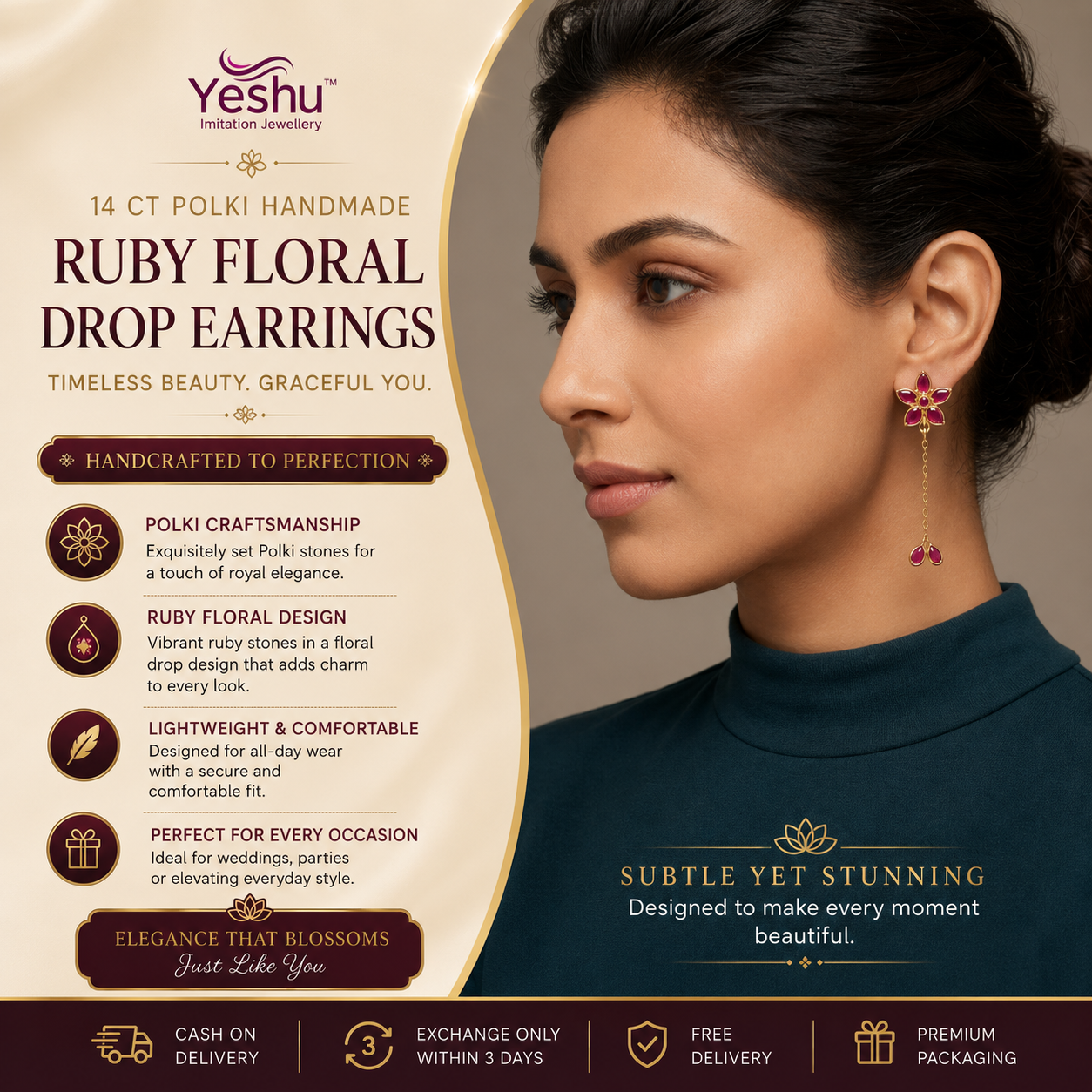Yeshu imitation jewellery Facebook ad: Buy 14 Ct Polki Handmade Gold Ruby Floral Drop Earrings!