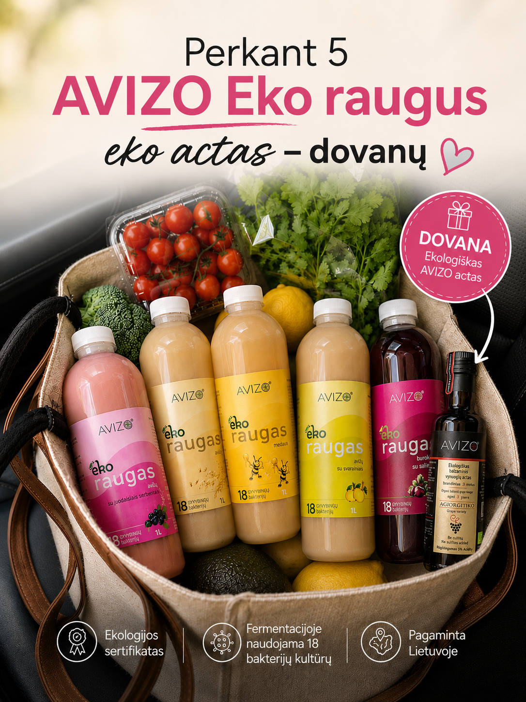 AVIZO Probiotics Facebook ad: 5 raugai + eko actas dovanų