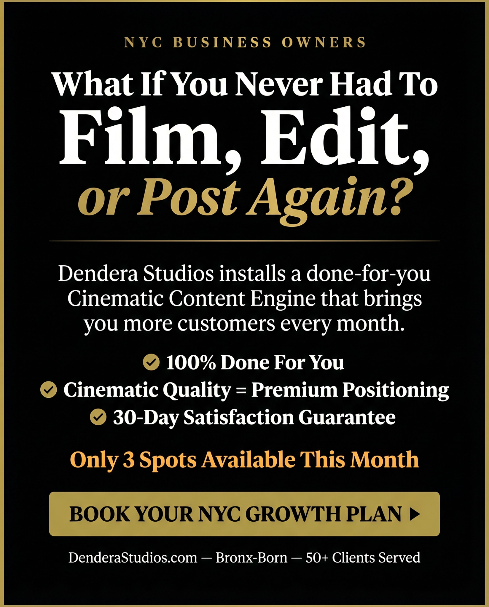 Dendera Studios Facebook ad: NYC Business Owners. You Need Content.