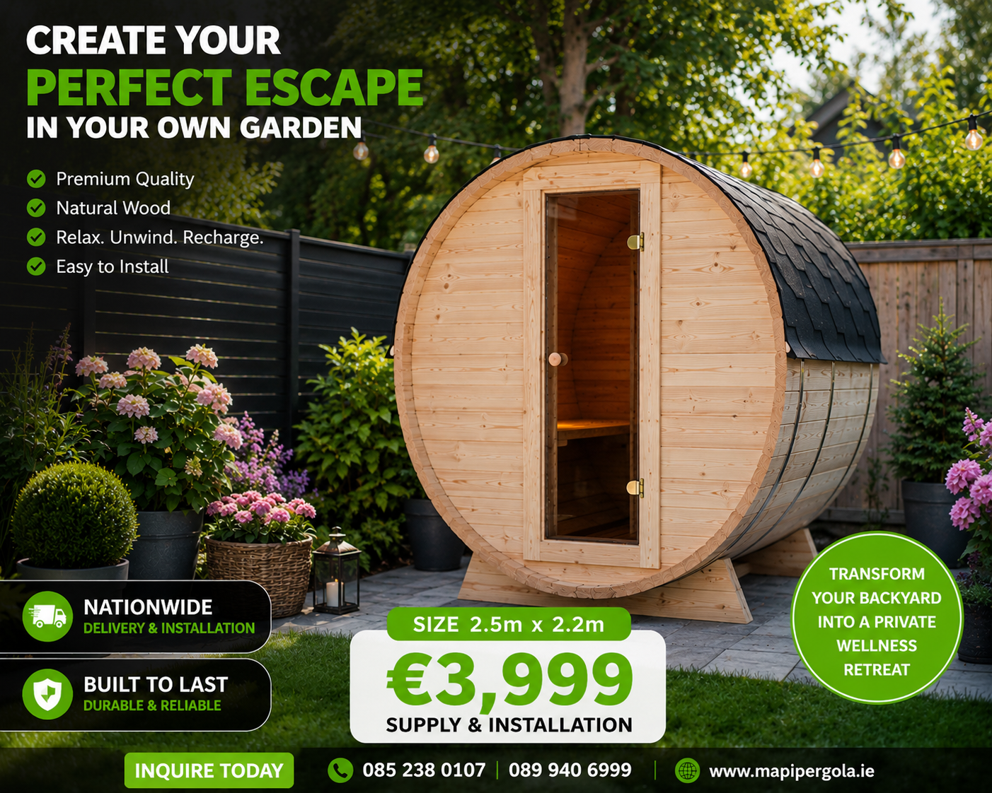 MAPI Pergola Ireland Facebook ad: BARREL SAUNAS, JUST €3,999!