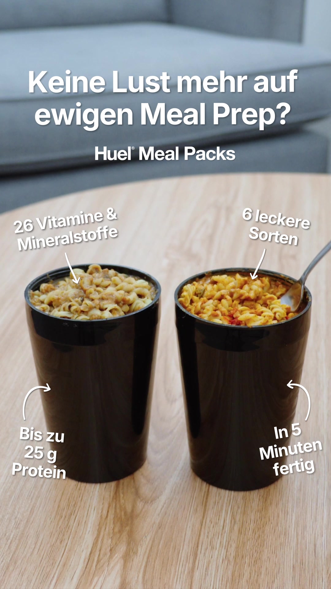 Huel Facebook ad: Mittagsprobleme? Gegessen.