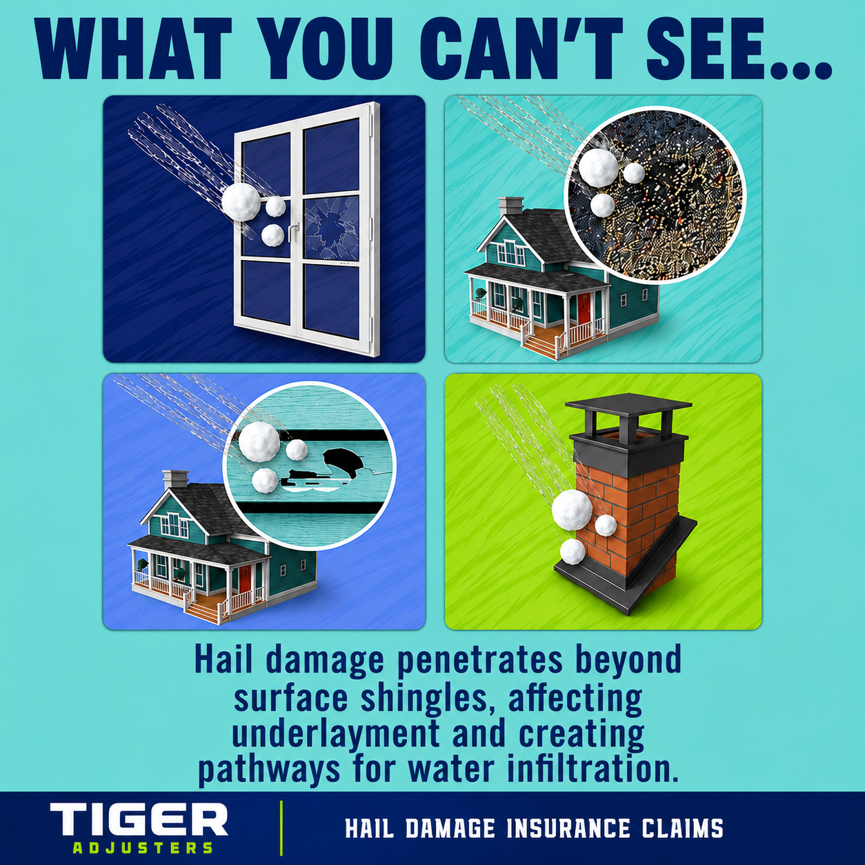 Tiger Adjusters Northeast US Facebook ad: Property damage from hail isn't always fully visible…