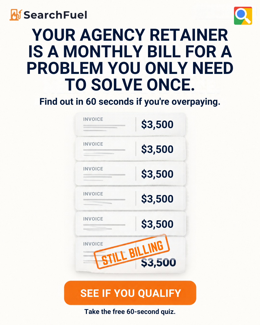 SearchFuel Facebook ad: If You're Running Google Ads, Take the 60-second Quiz