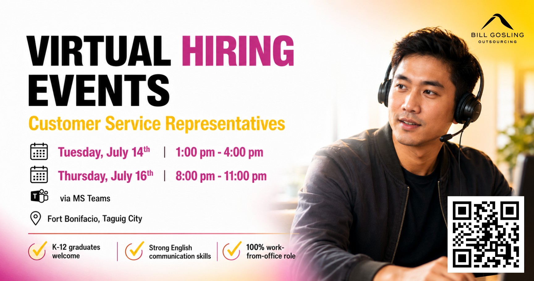 Bill Gosling Outsourcing Philippines Facebook ad: Calling all K-12 graduates in Manila, BGO is…