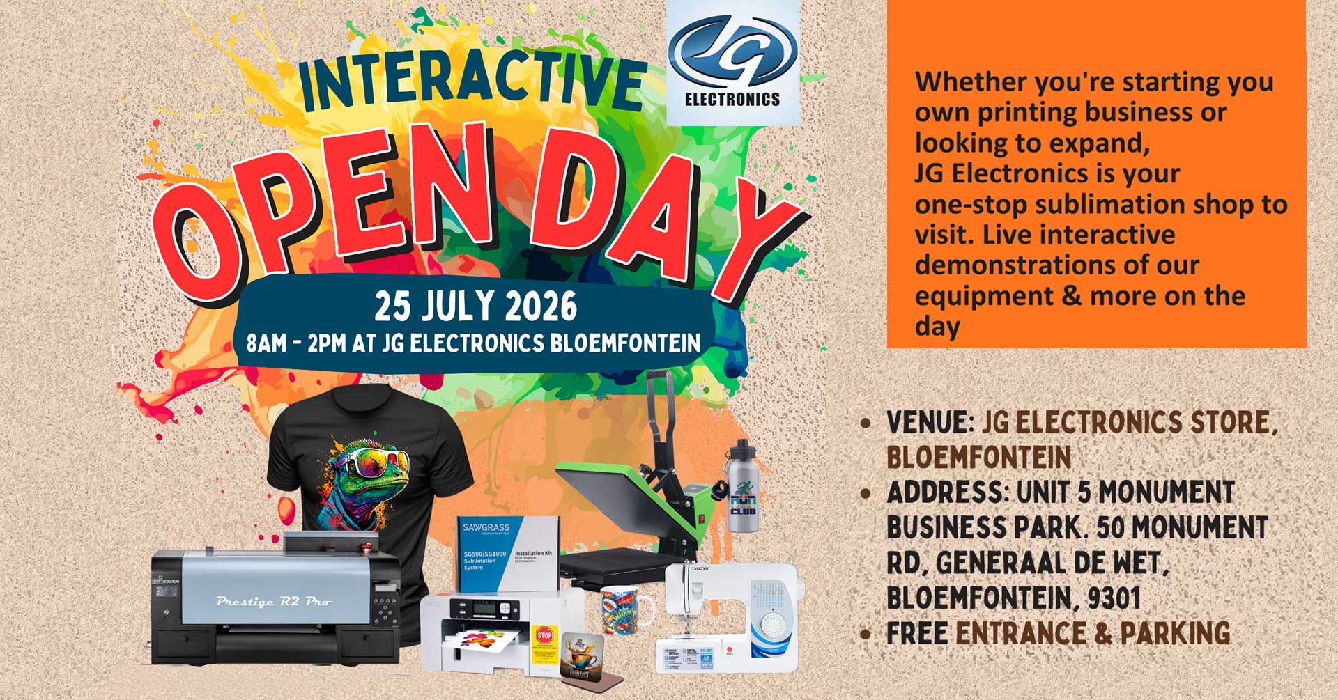 JG Electronics Bloemfontein Facebook ad: Interactive Open Day 2026