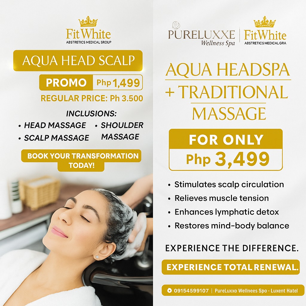 PureLuxxe Wellness Spa - Luxent Hotel Facebook ad: Aqua Head Scalp for Only ₱1,499
