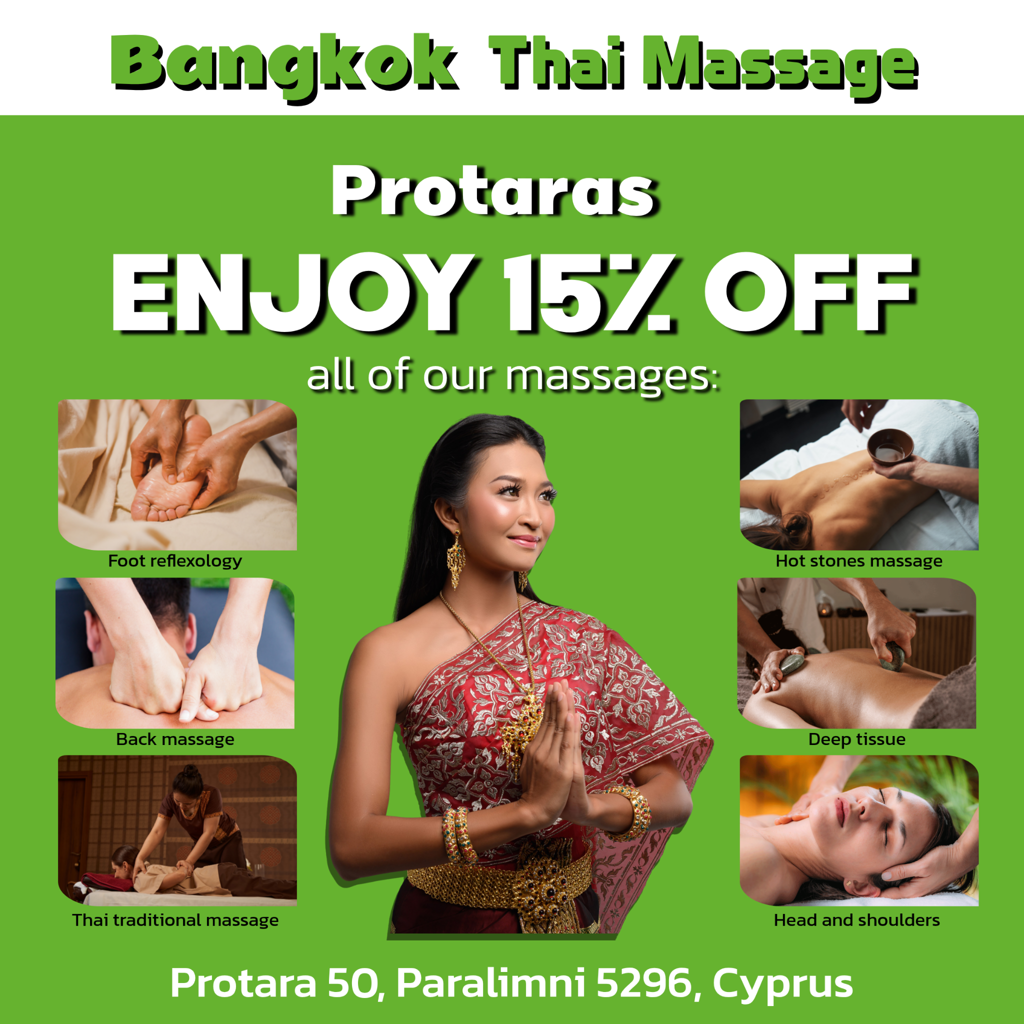 Bangkok Thai Massage Cyprus Facebook ad: Open all week including Sunday! 11 AM -11 PM.