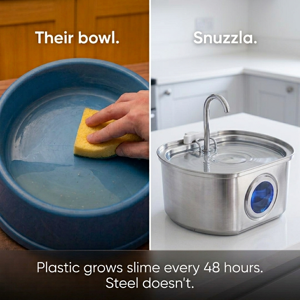 Snuzzla Facebook ad: Stop Scrubbing Your Cat's Bowl Every Day