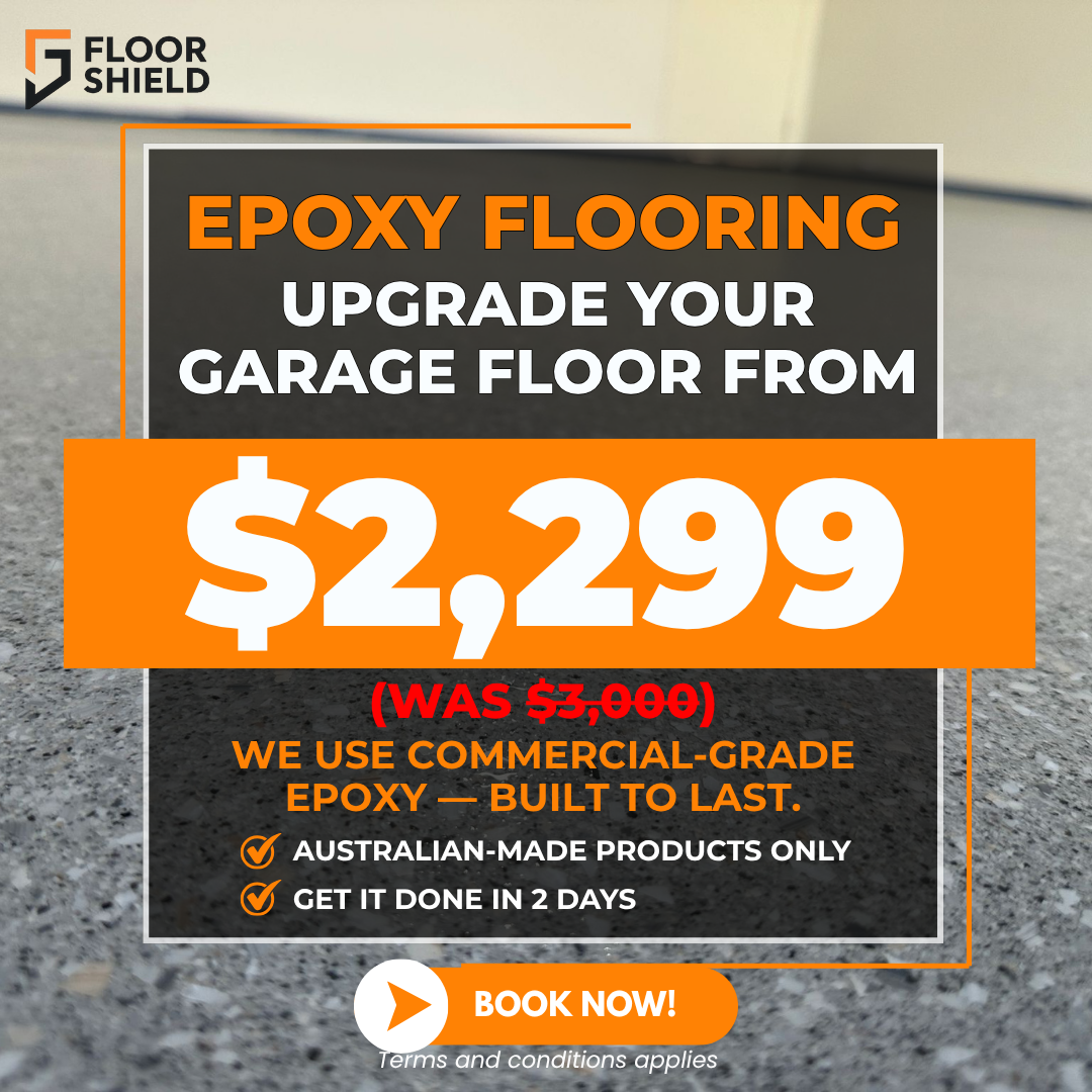 Floor Shield Facebook ad: 5-Coat Epoxy Garage Floors, From Just $2,299