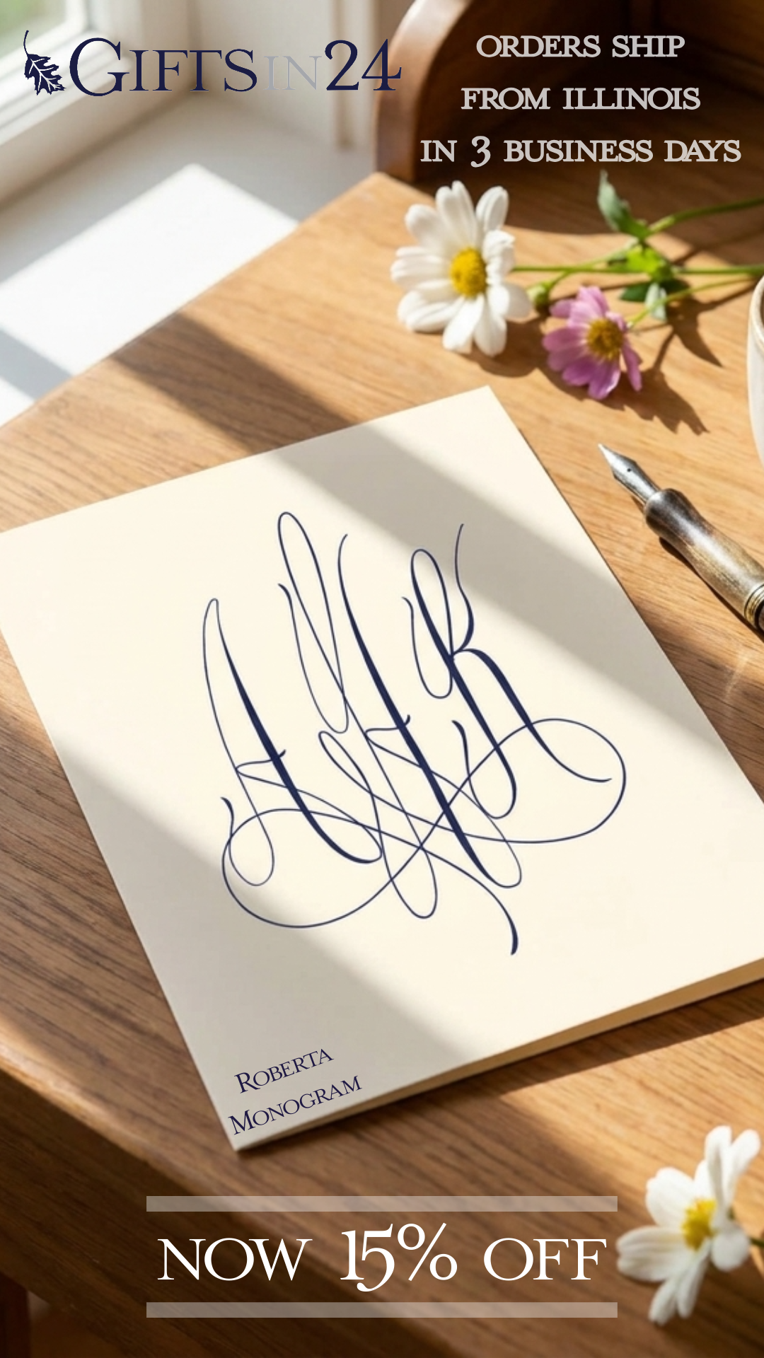 Gifts in 24 - Personalized Stationery and Custom Printed Gifts Facebook ad: Exclusive Monogram Style-15% Off