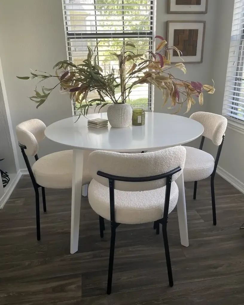 Ben Botirov Facebook ad: Set of 4 Modern Bouclé Dining Chairs. Brand New. NO TABLE…