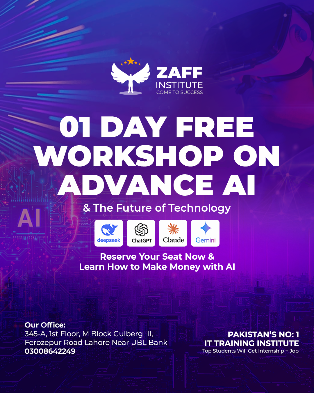ZAFF Institute Facebook ad: 01 Day FREE Workshop on ADVANCE Ai & The Future of…