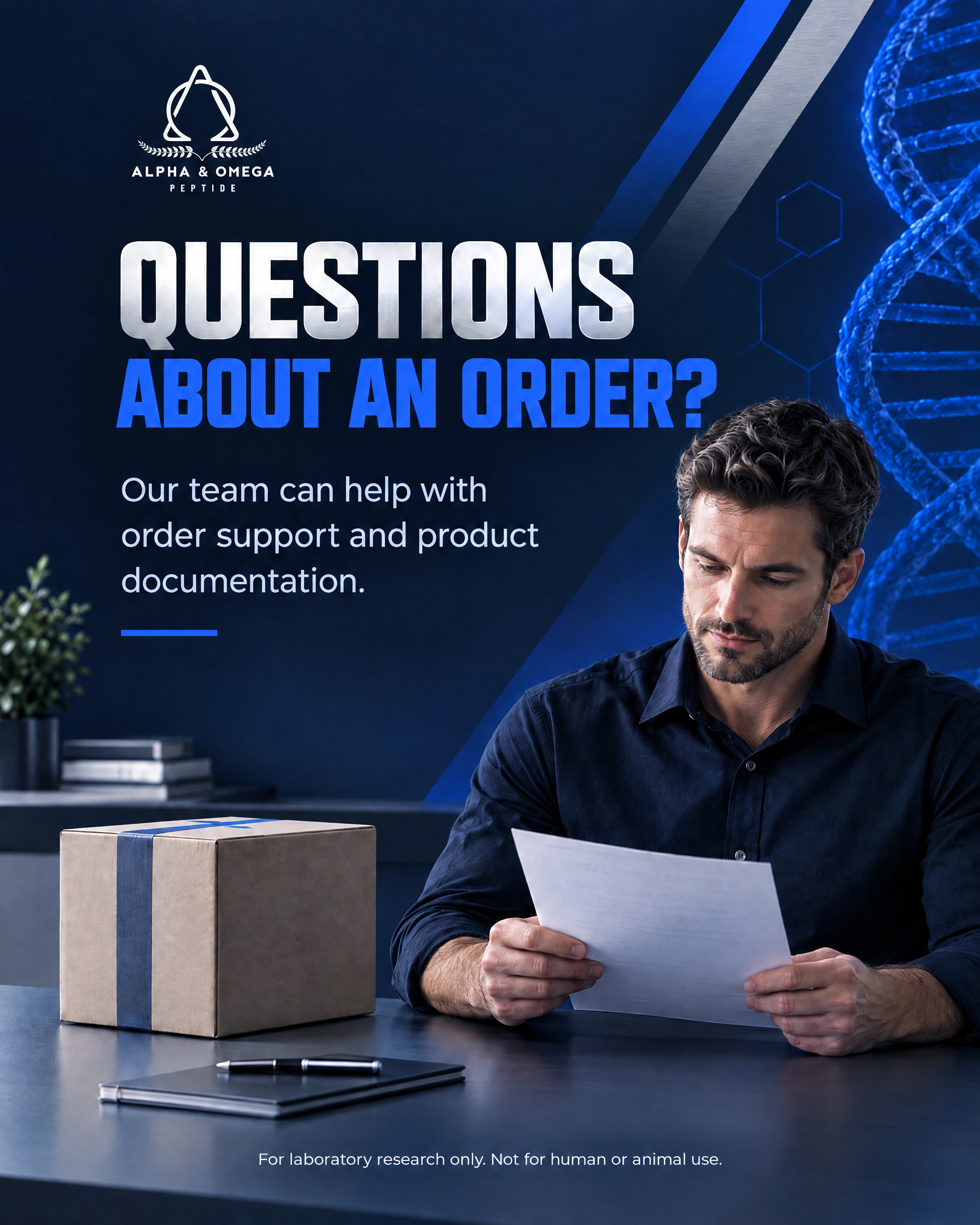 Alpha Omega Peptide Facebook ad: Order & Documentation Support