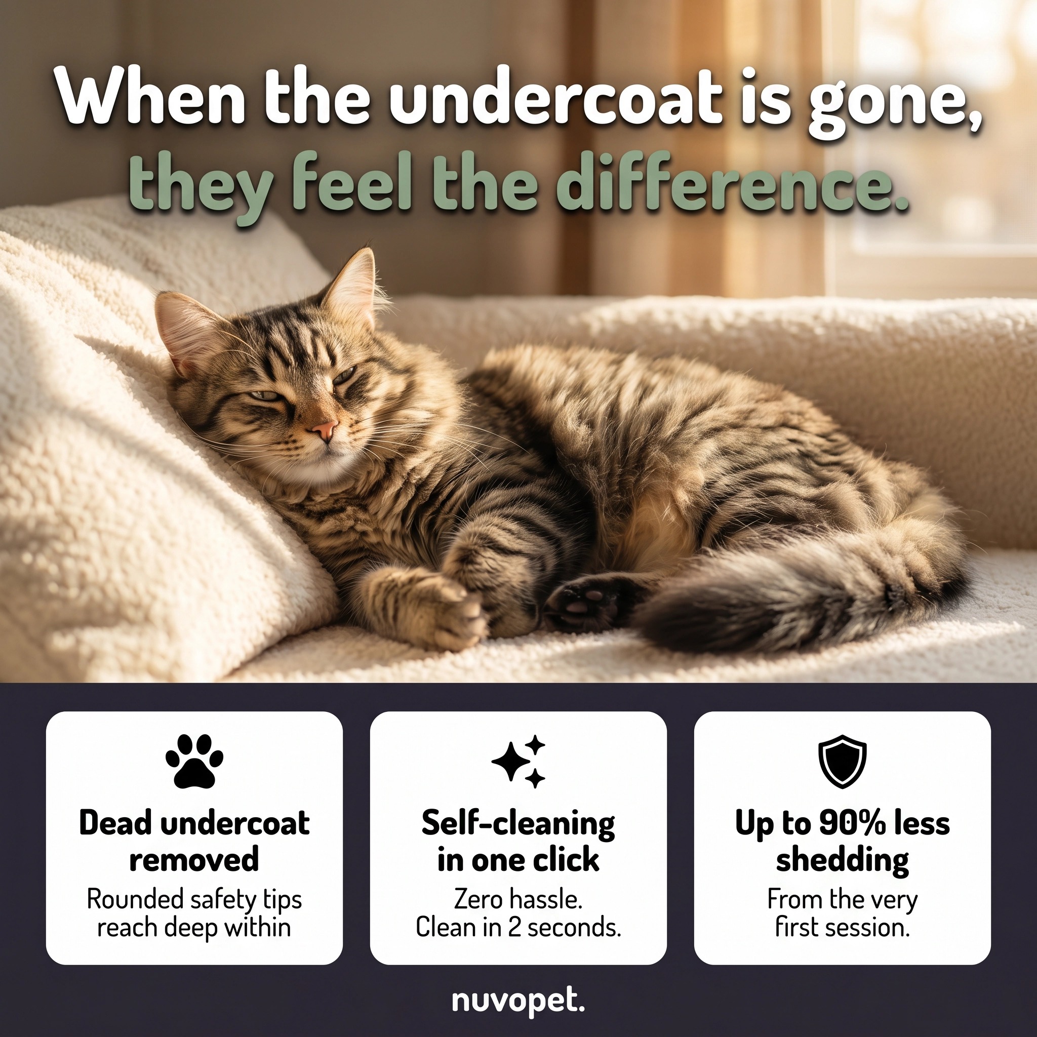 Nuvopet Facebook ad: Quebec's #1 cat brush. Now your cat's favourite moment.